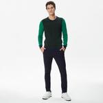 Erkek Regular Fit Uzun Kollu Bisiklet Yaka Renk Bloklu Koyu Yeşil Triko