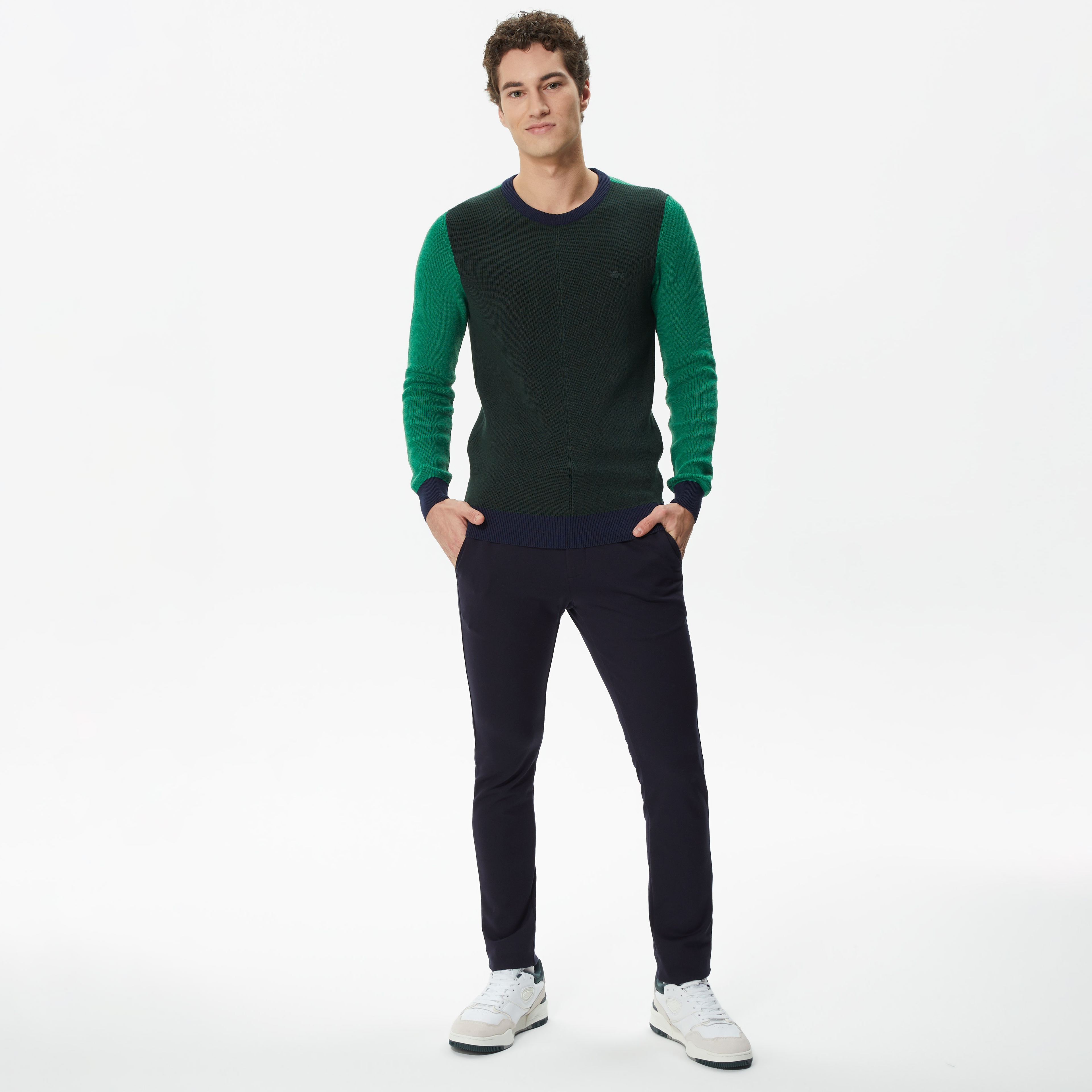 Erkek Regular Fit Uzun Kollu Bisiklet Yaka Renk Bloklu Koyu Yeşil Triko