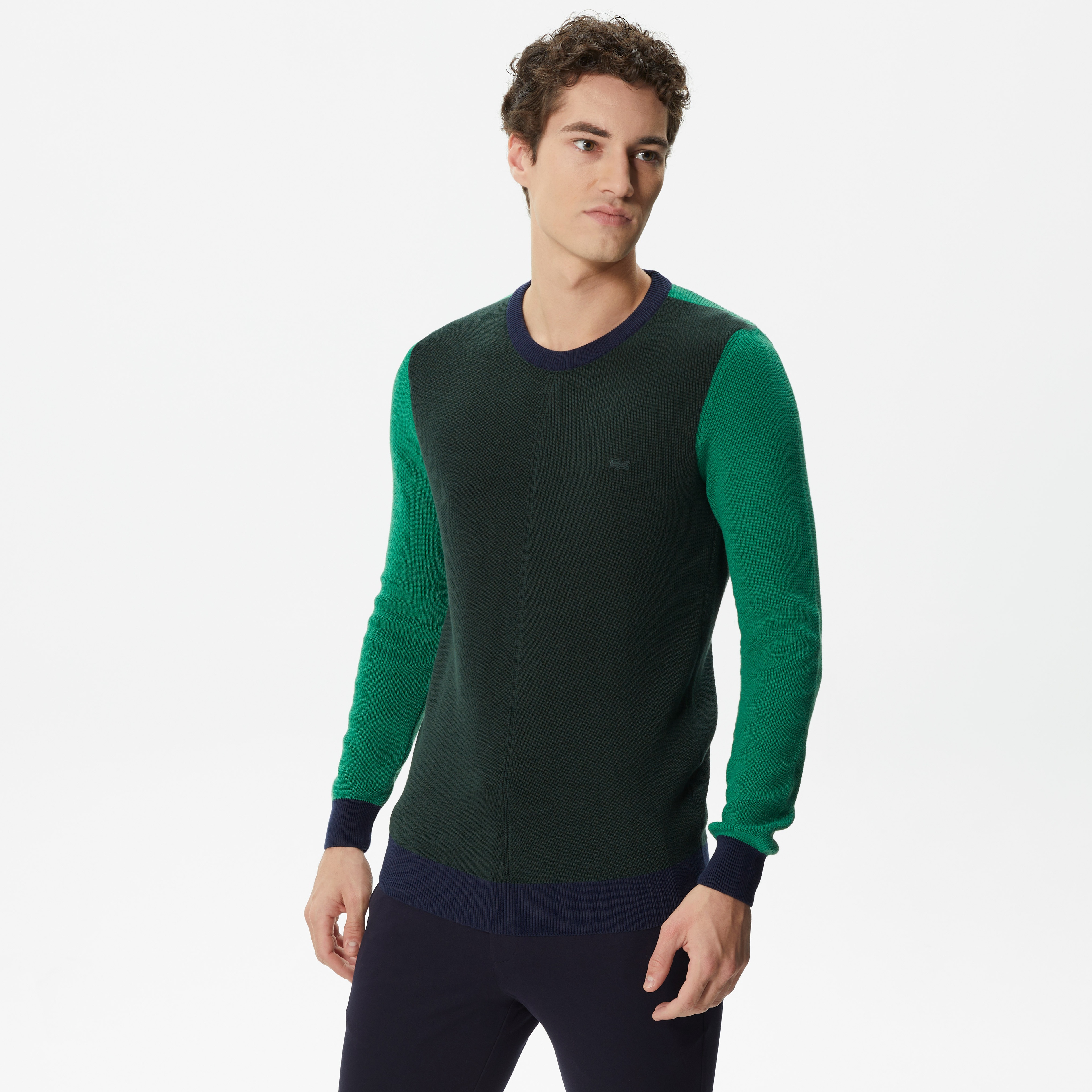 Erkek Regular Fit Uzun Kollu Bisiklet Yaka Renk Bloklu Koyu Yeşil Triko