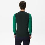 Erkek Regular Fit Uzun Kollu Bisiklet Yaka Renk Bloklu Koyu Yeşil Triko