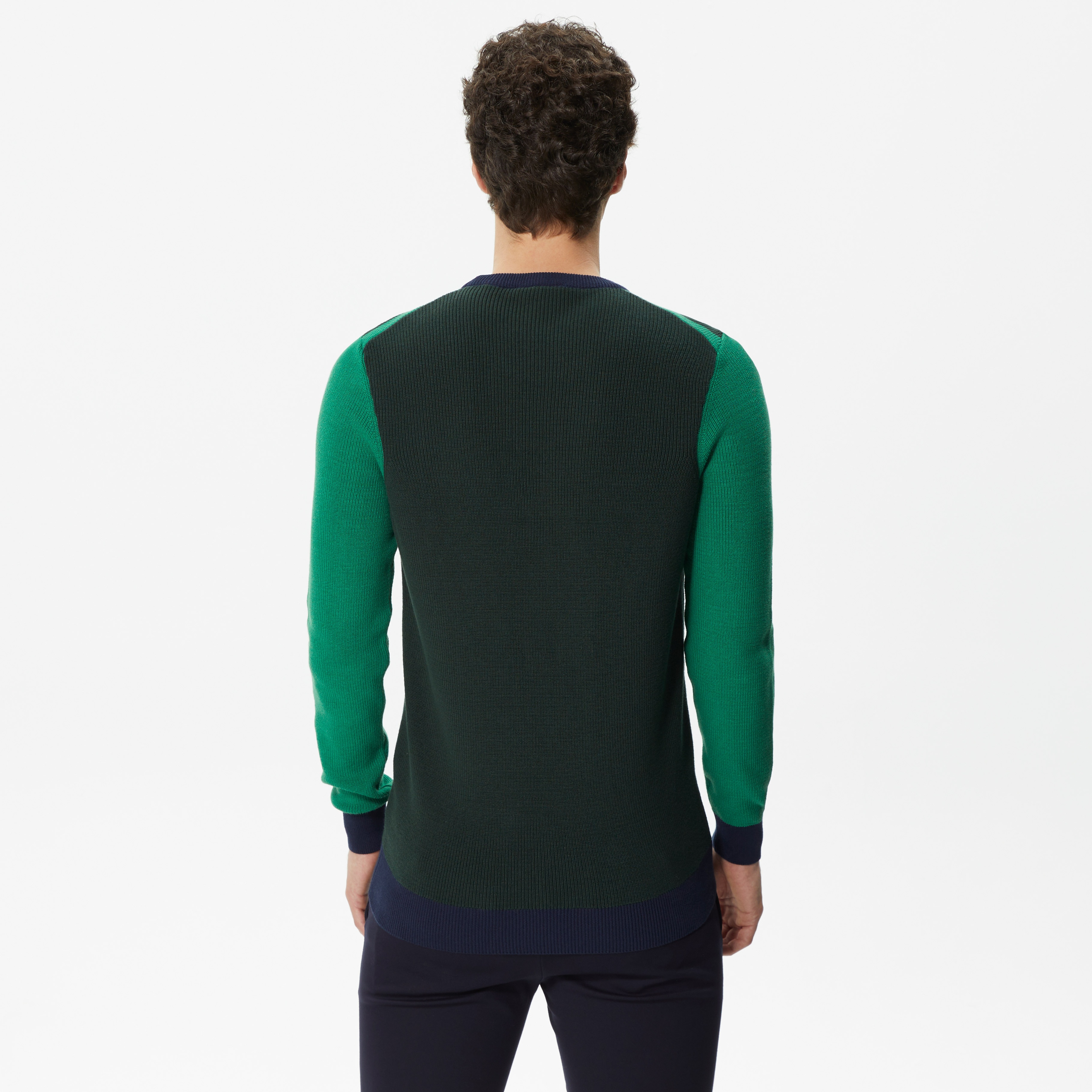 Erkek Regular Fit Uzun Kollu Bisiklet Yaka Renk Bloklu Koyu Yeşil Triko