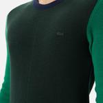 Erkek Regular Fit Uzun Kollu Bisiklet Yaka Renk Bloklu Koyu Yeşil Triko