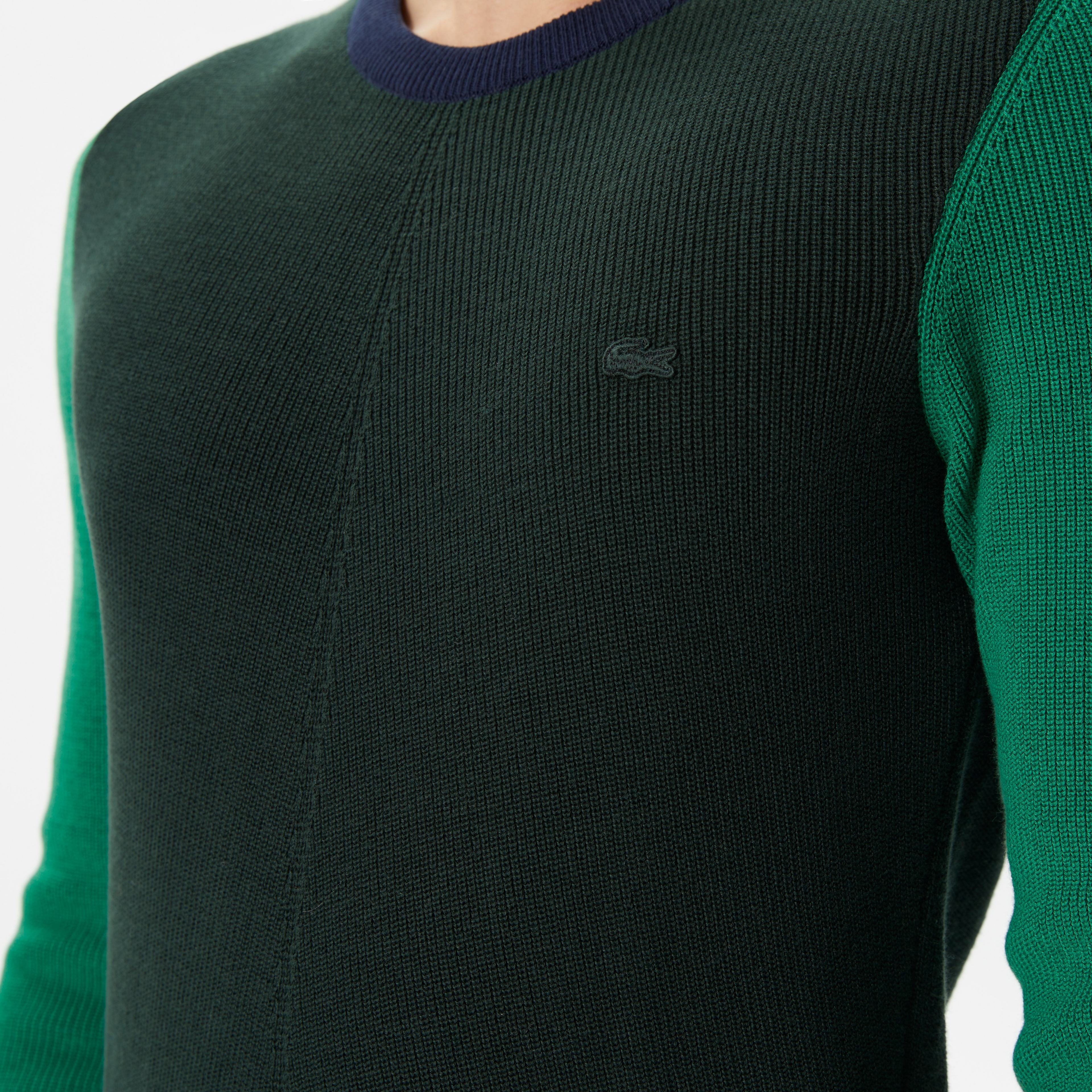 Erkek Regular Fit Uzun Kollu Bisiklet Yaka Renk Bloklu Koyu Yeşil Triko