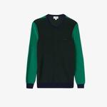 Erkek Regular Fit Uzun Kollu Bisiklet Yaka Renk Bloklu Koyu Yeşil Triko