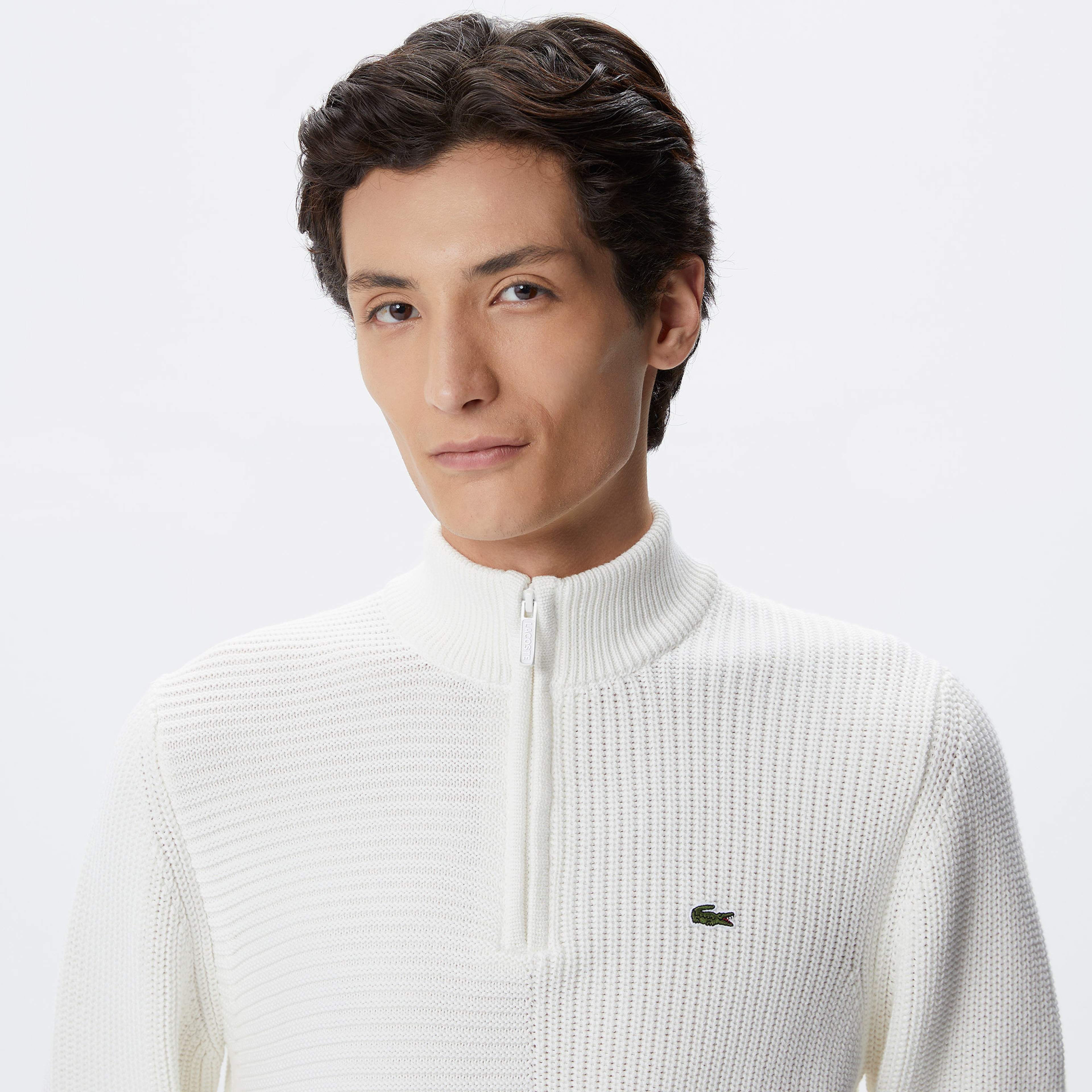 Erkek Regular Fit Uzun Kollu Dik Yaka Desenli Ekru Triko