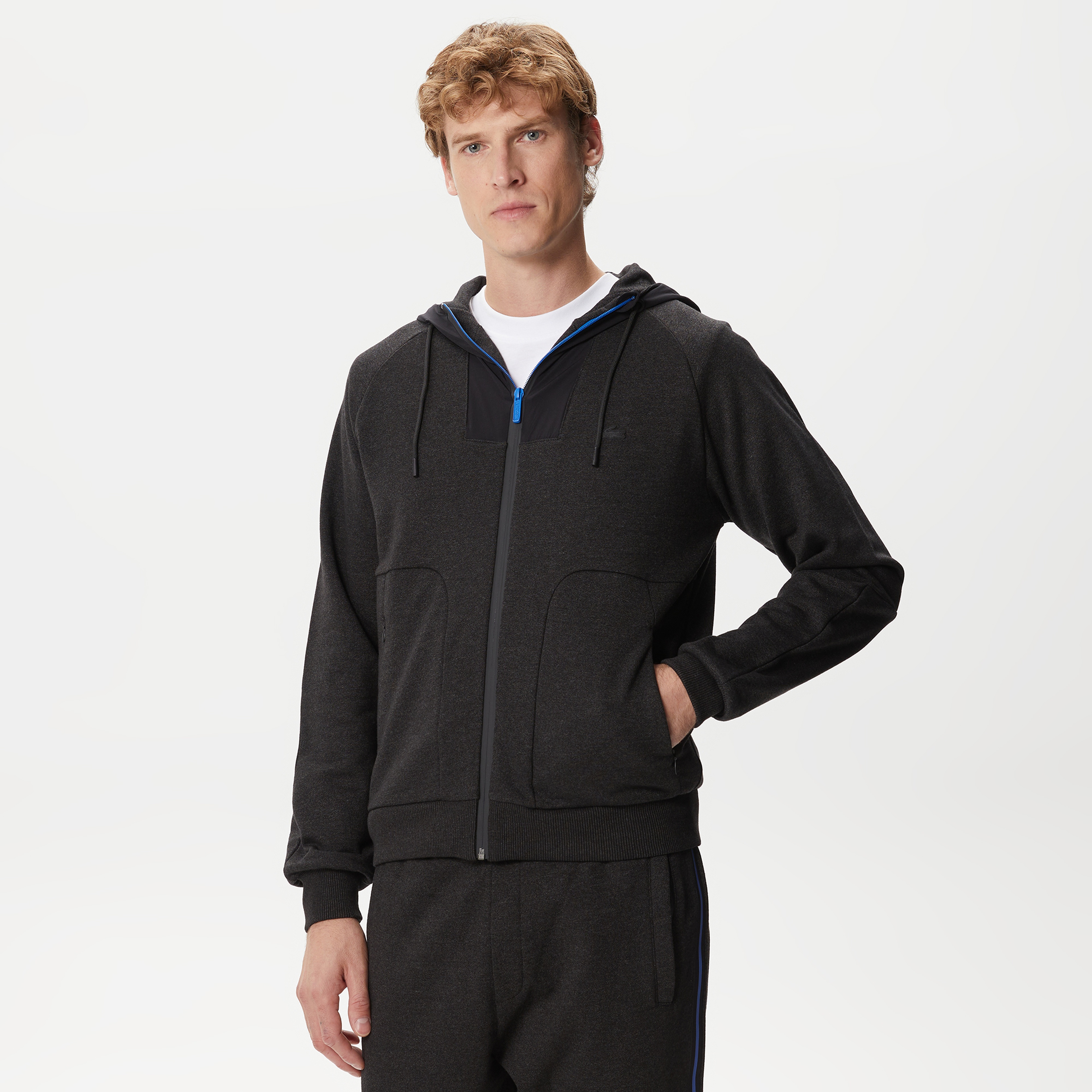 Erkek Slim Fit Kapüşonlu Renk Bloklu Siyah Sweatshirt