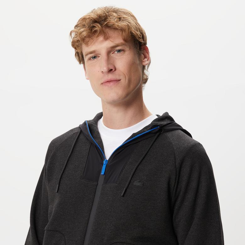 Erkek Slim Fit Kapüşonlu Renk Bloklu Siyah Sweatshirt