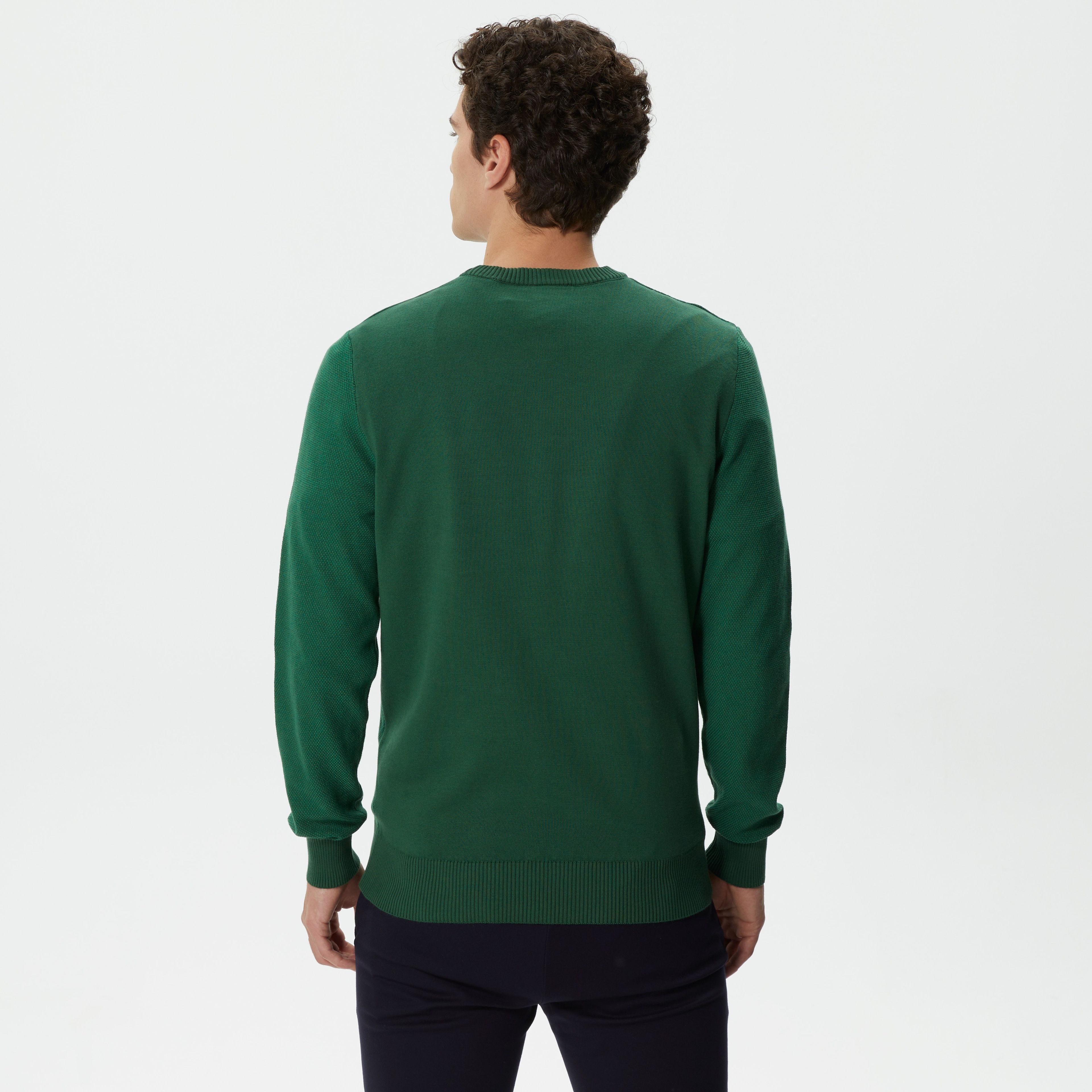 Erkek Regular Fit Uzun Kollu Bisiklet Yaka Renk Bloklu Koyu Yeşil Triko