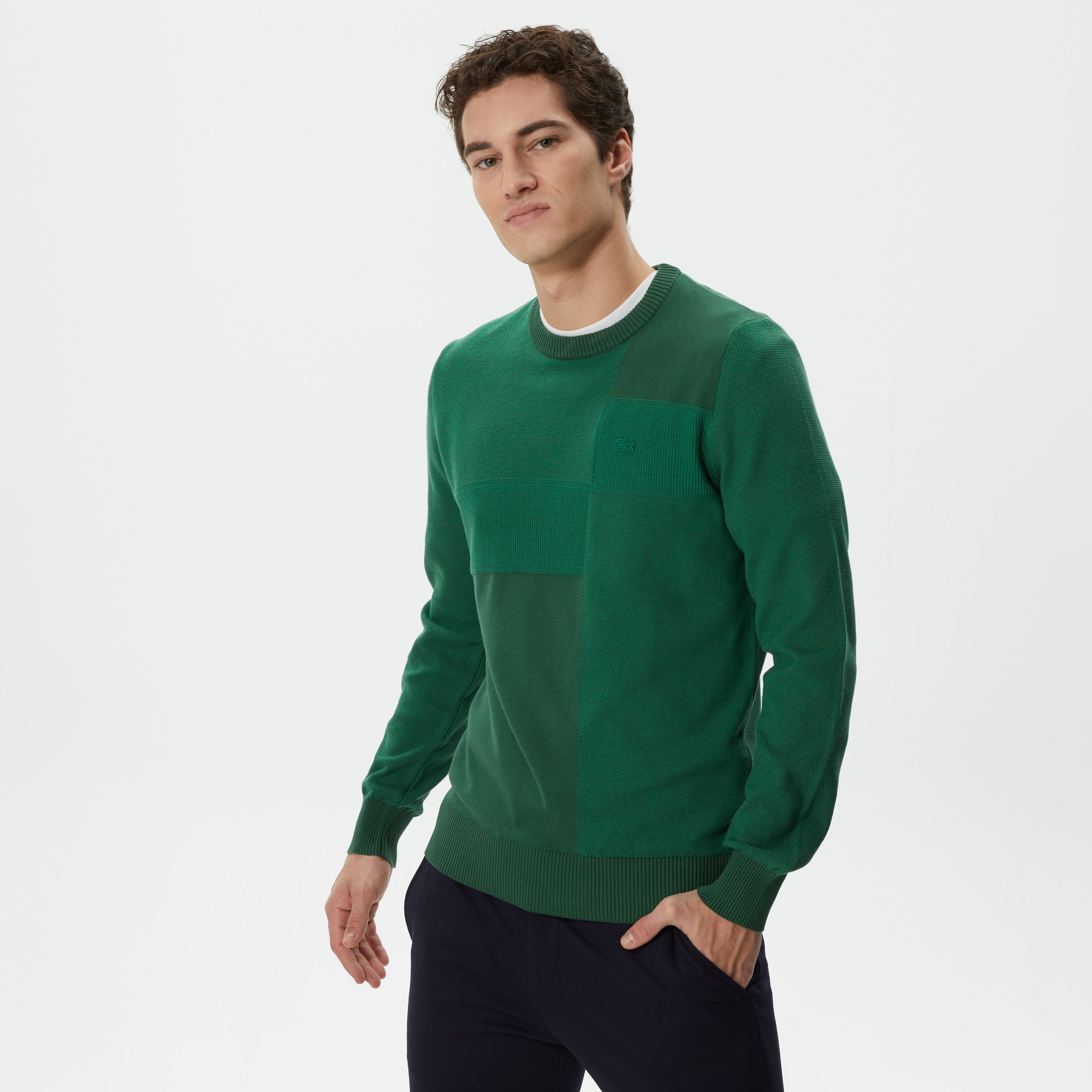 Erkek Regular Fit Uzun Kollu Bisiklet Yaka Renk Bloklu Koyu Yeşil Triko