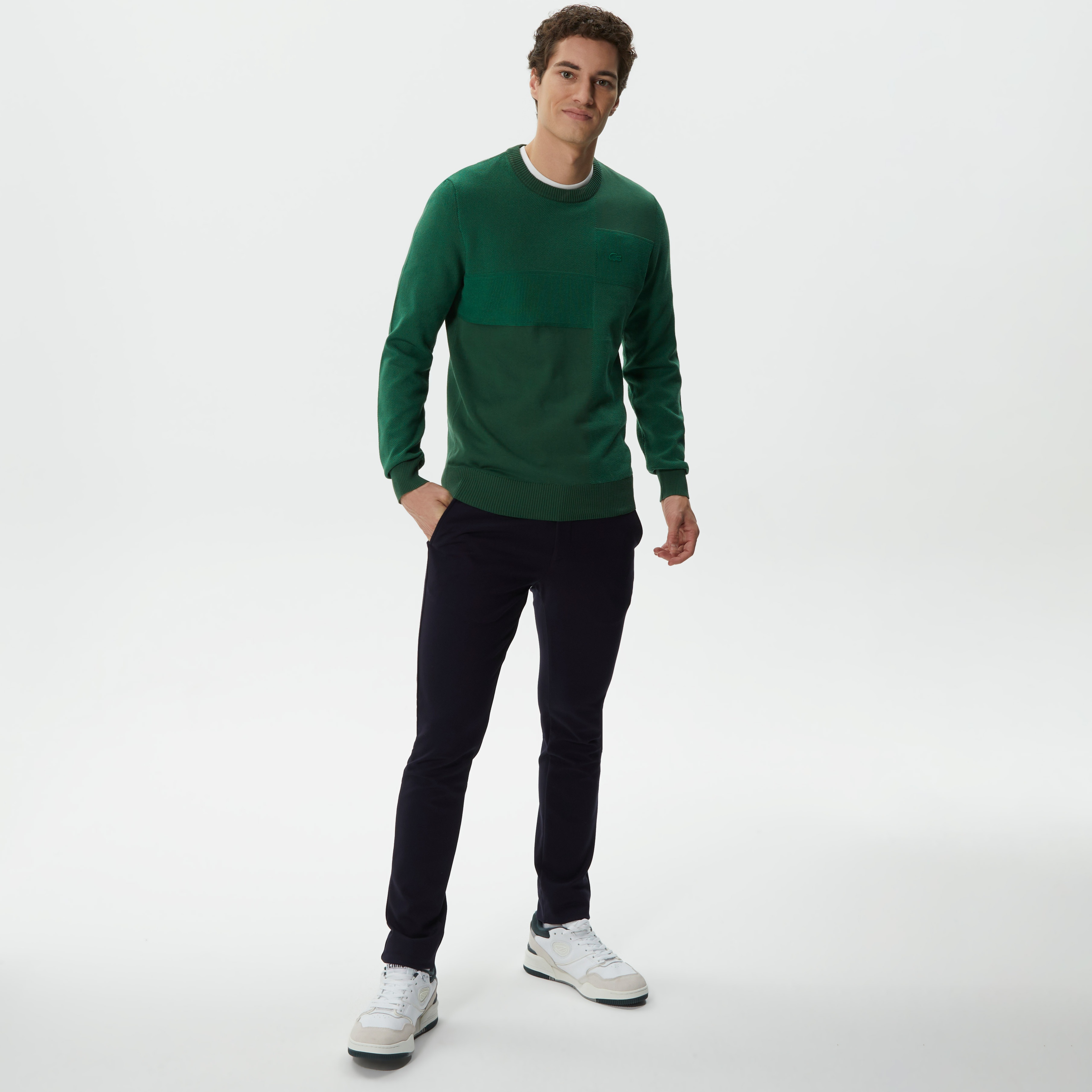 Erkek Regular Fit Uzun Kollu Bisiklet Yaka Renk Bloklu Koyu Yeşil Triko