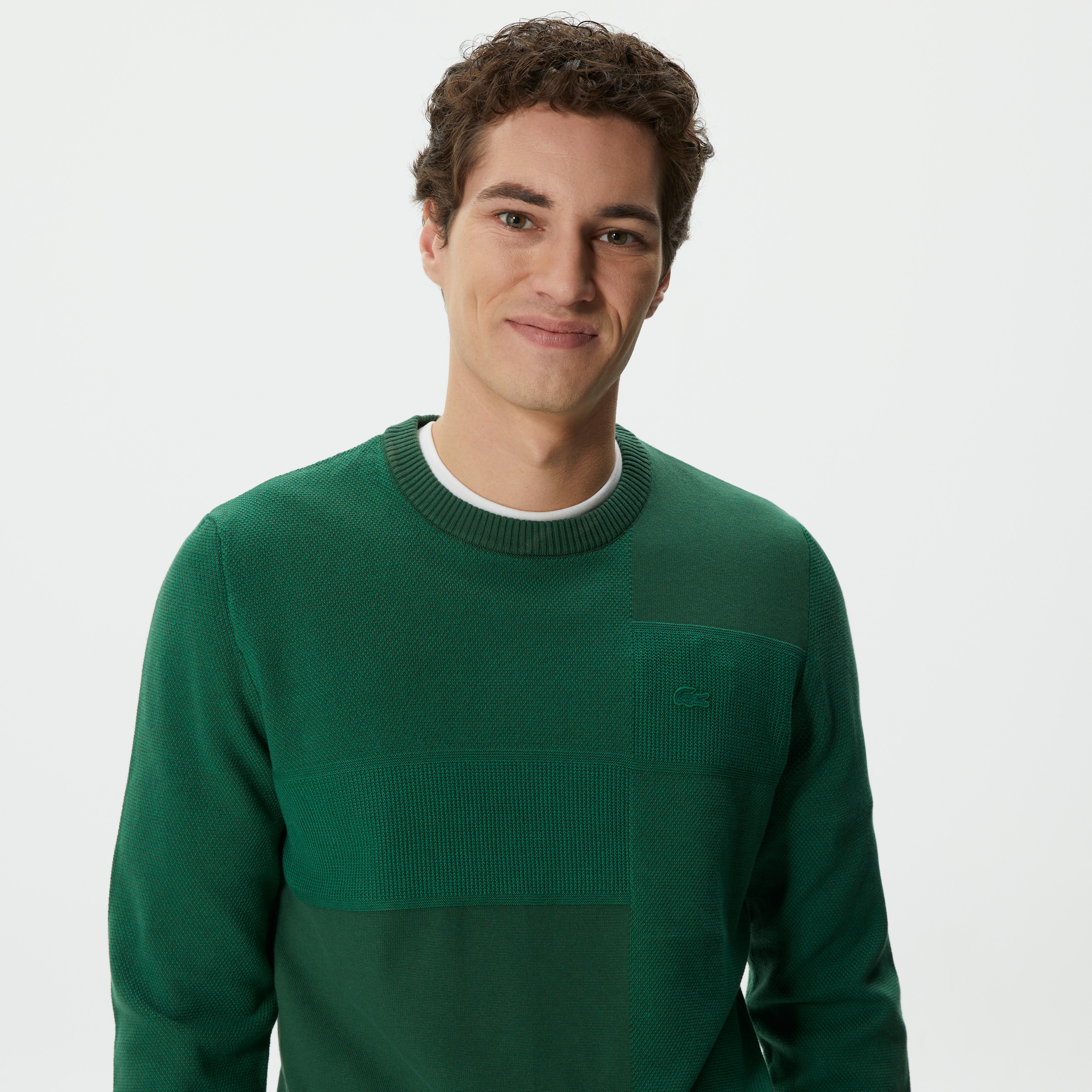 Erkek Regular Fit Uzun Kollu Bisiklet Yaka Renk Bloklu Koyu Yeşil Triko