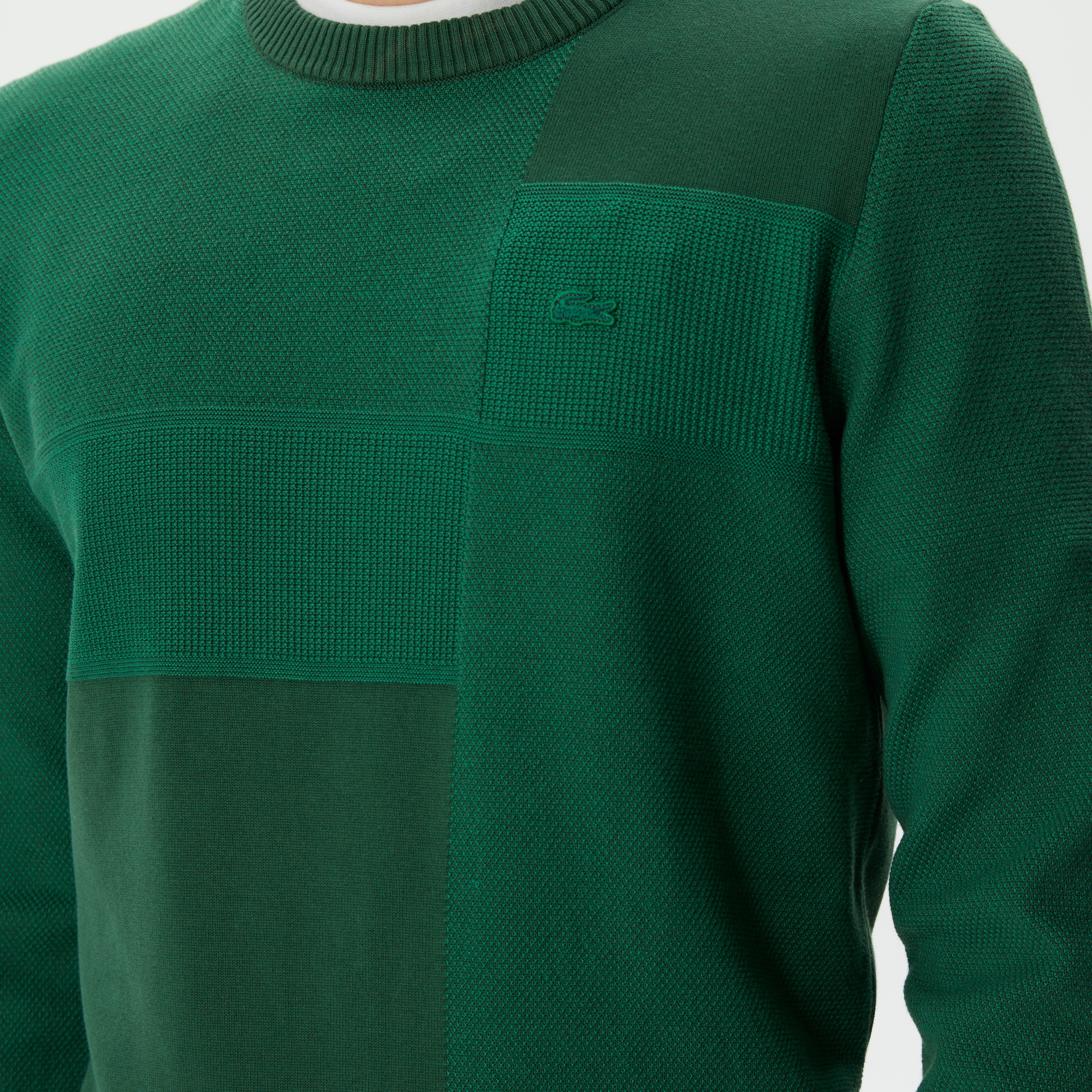 Erkek Regular Fit Uzun Kollu Bisiklet Yaka Renk Bloklu Koyu Yeşil Triko