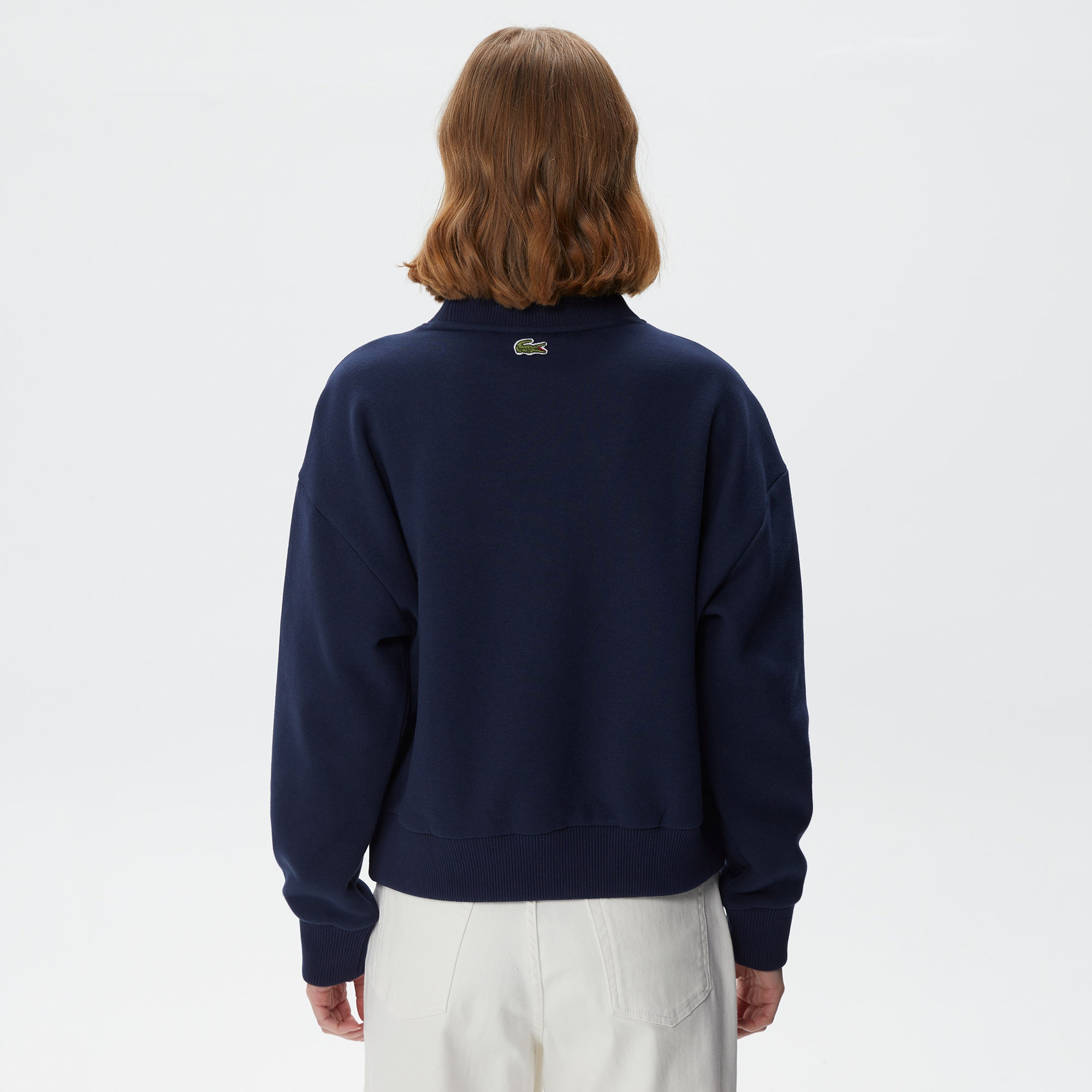 Kadın Crop Fit Bisiklet Yaka Baskılı Lacivert Sweatshirt