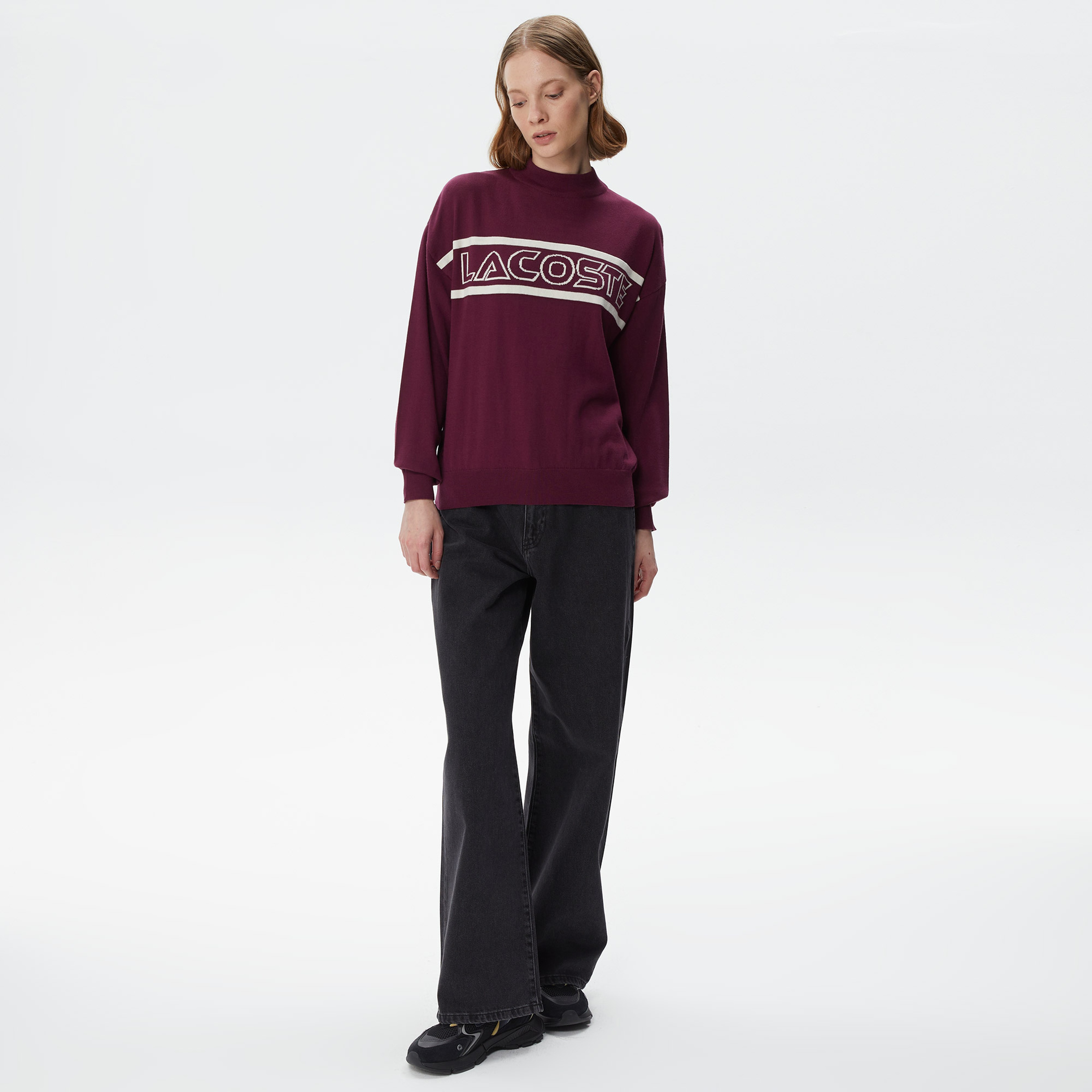 Kadın Regular Fit Dik Yaka Baskılı Bordo Kazak