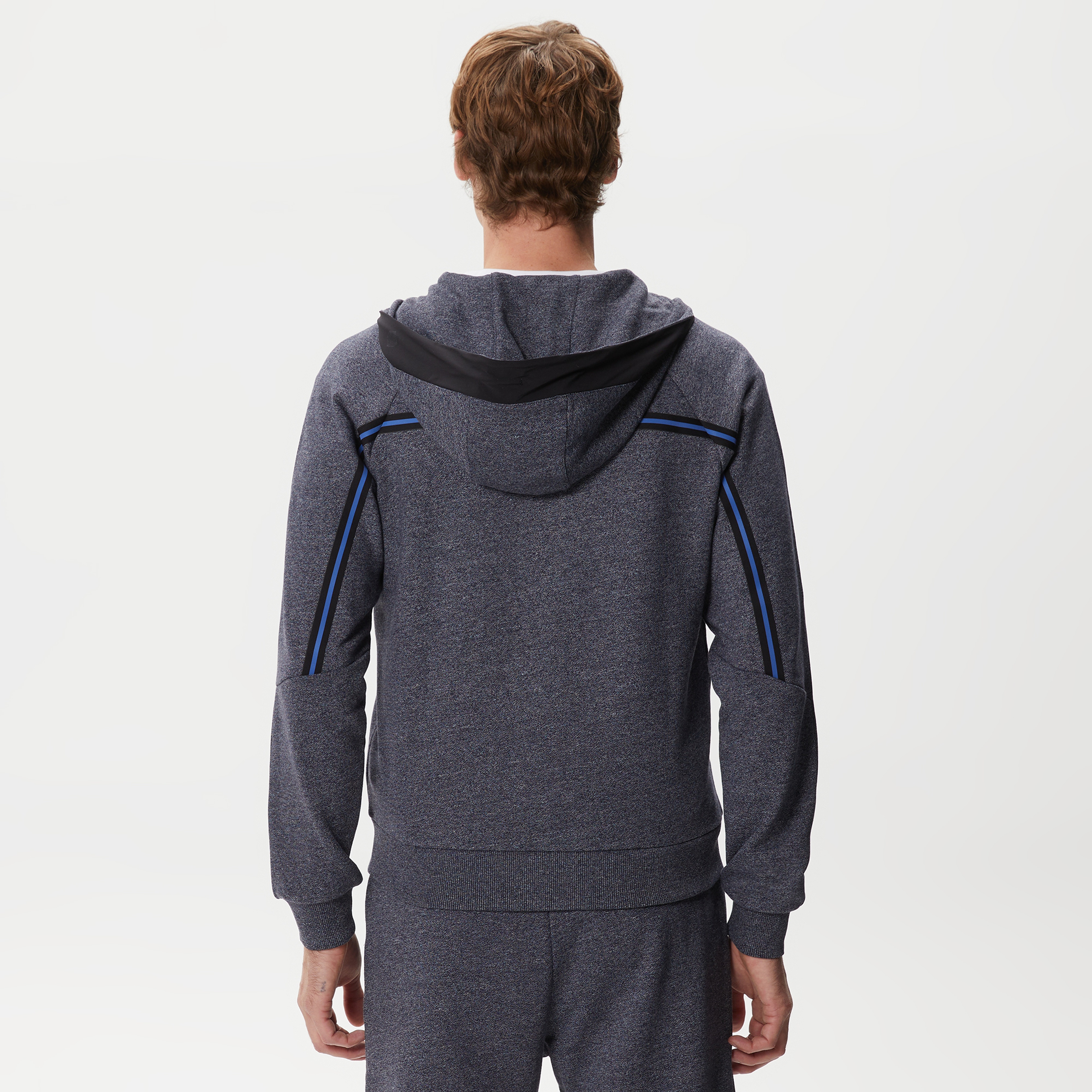 Erkek Slim Fit Kapüşonlu Renk Bloklu Lacivert Sweatshirt