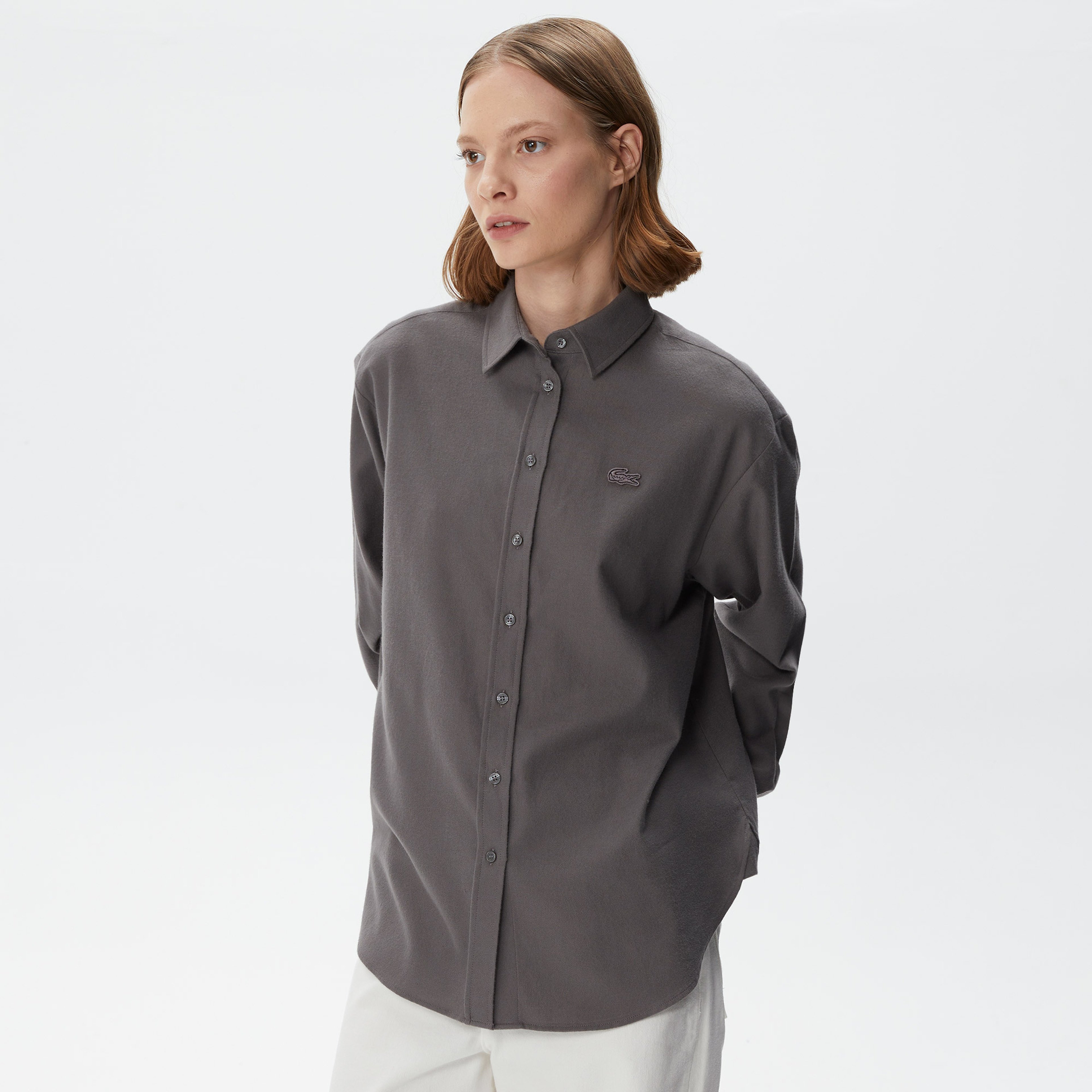 Kadın Relaxed Fit Uzun Kollu Gri Gömlek