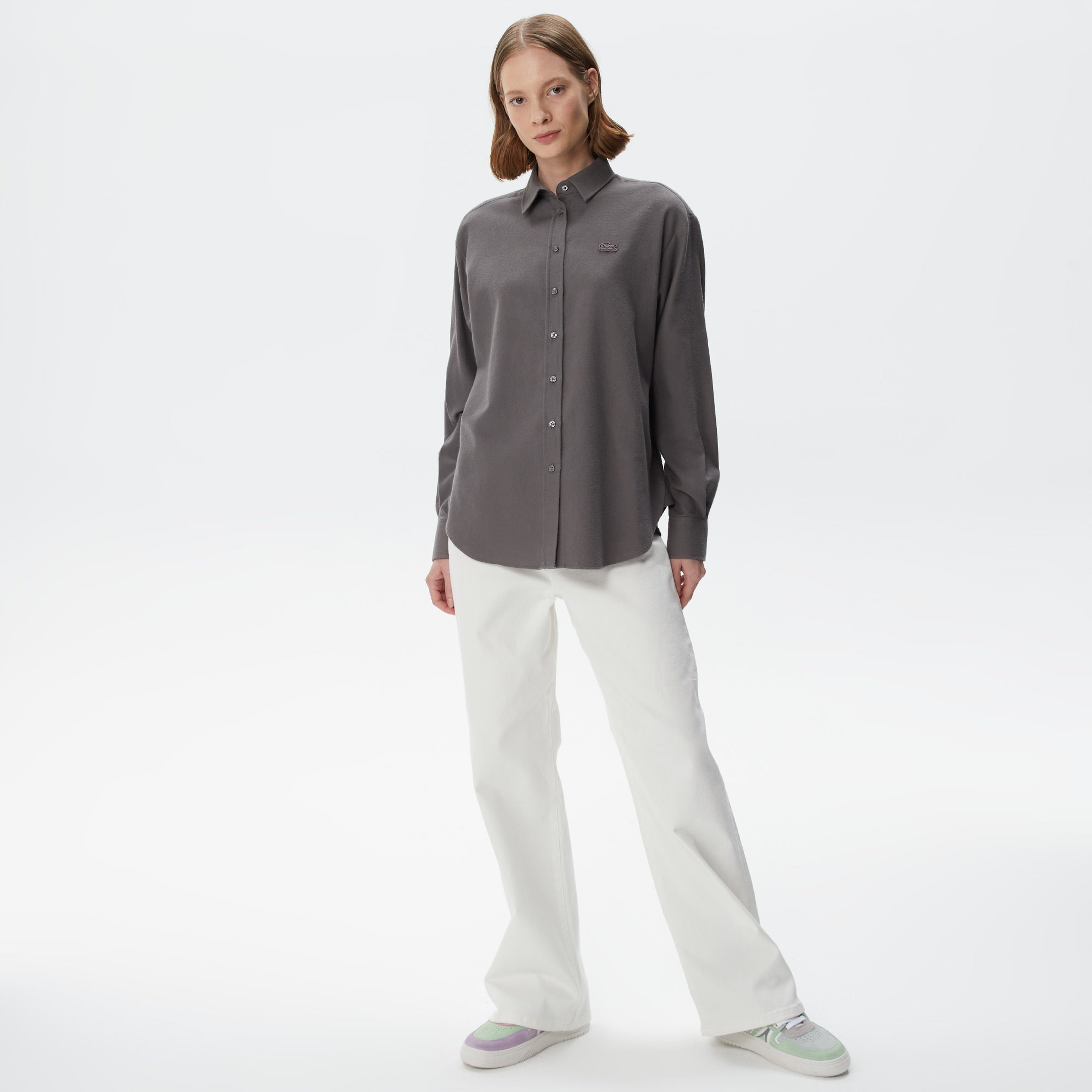 Kadın Relaxed Fit Uzun Kollu Gri Gömlek