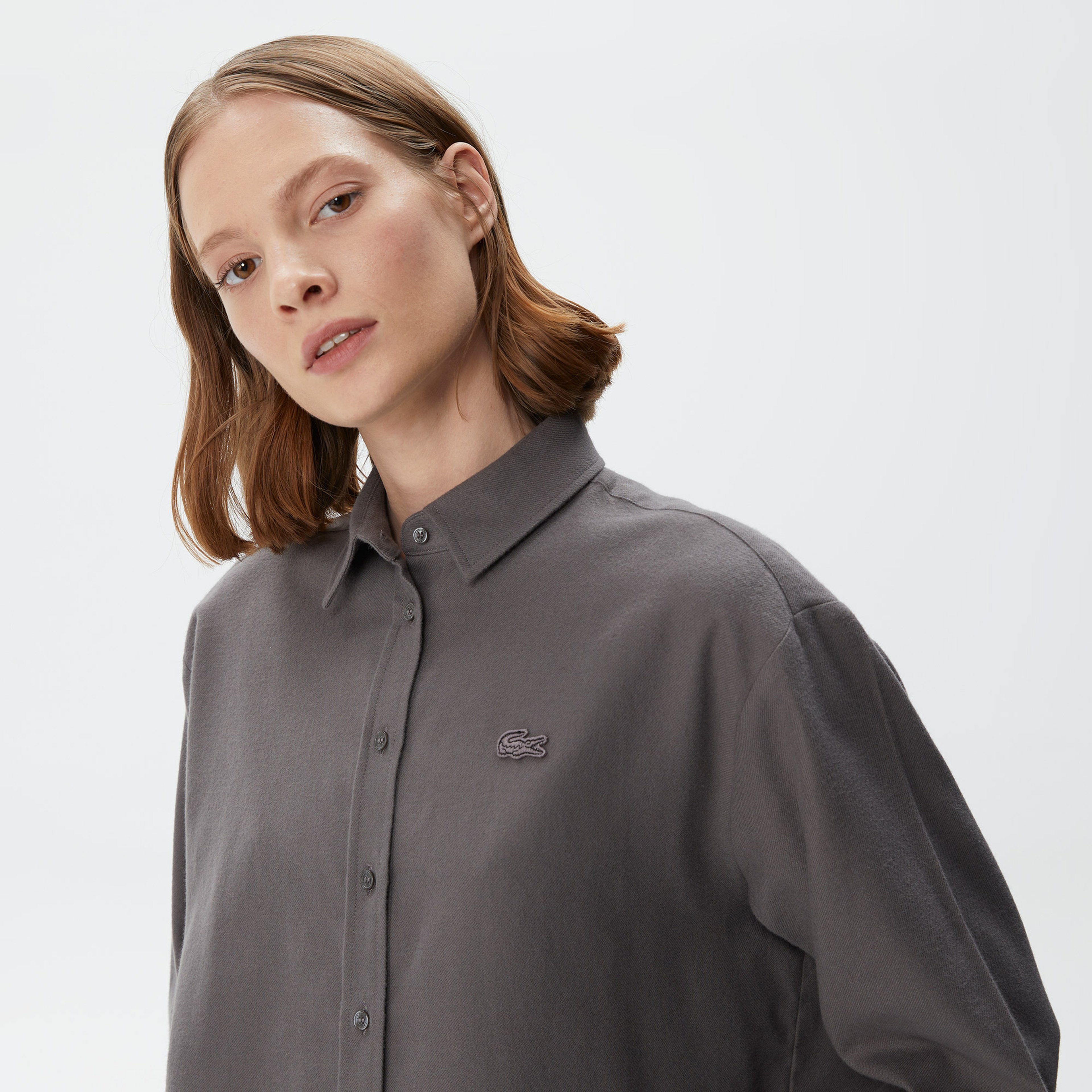 Kadın Relaxed Fit Uzun Kollu Gri Gömlek