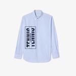 Unisex Relaxed Fit Düğmeli Yaka Çizgili Mavi Gömlek