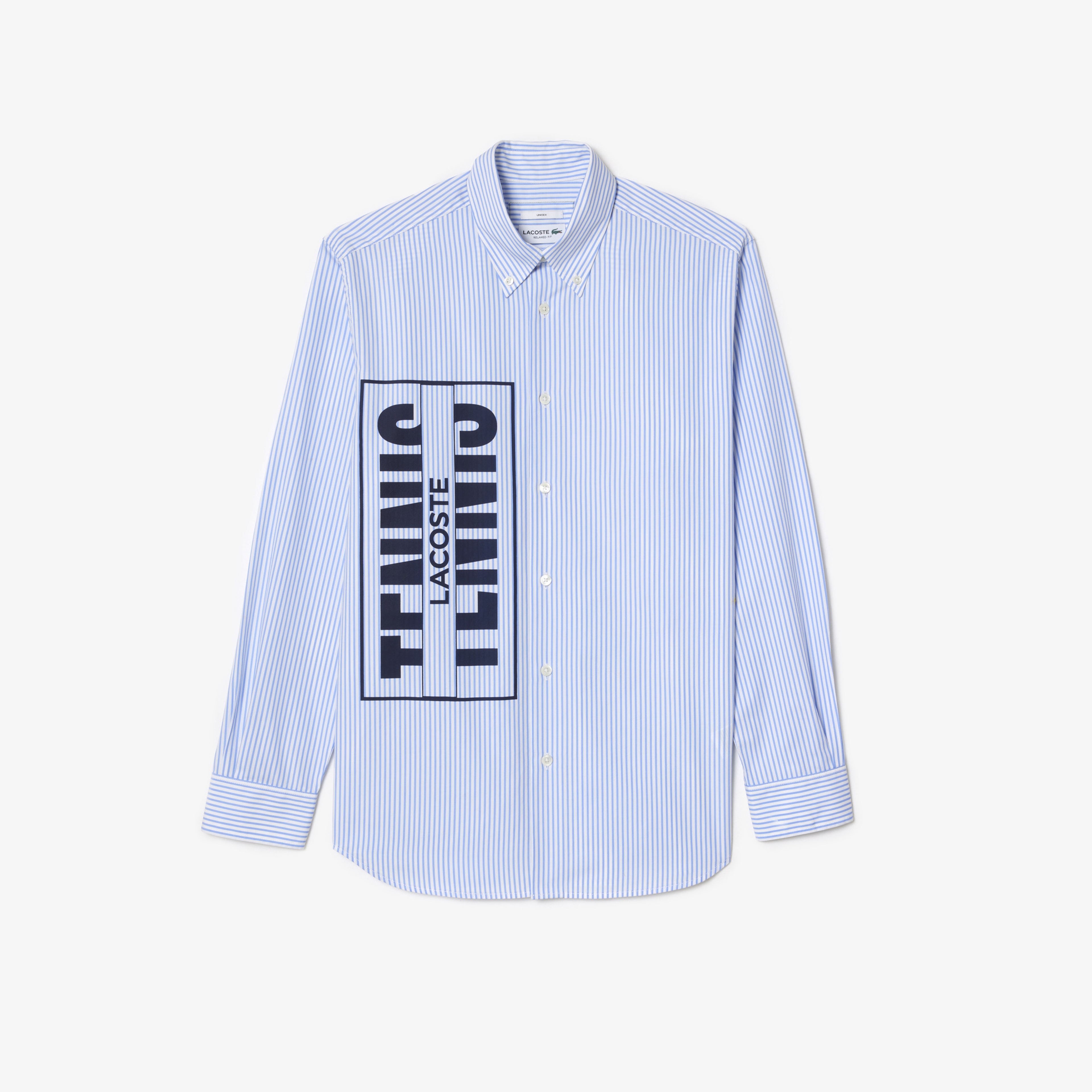 Unisex Relaxed Fit Düğmeli Yaka Çizgili Mavi Gömlek