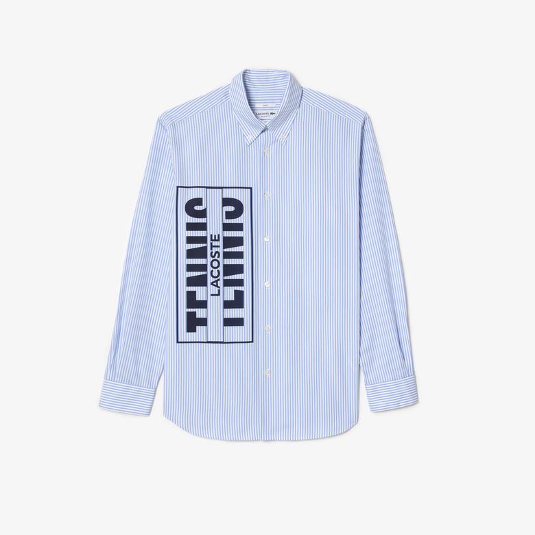 Unisex Relaxed Fit Düğmeli Yaka Çizgili Mavi Gömlek