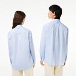 Unisex Relaxed Fit Düğmeli Yaka Çizgili Mavi Gömlek