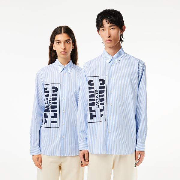 Unisex Relaxed Fit Düğmeli Yaka Çizgili Mavi Gömlek