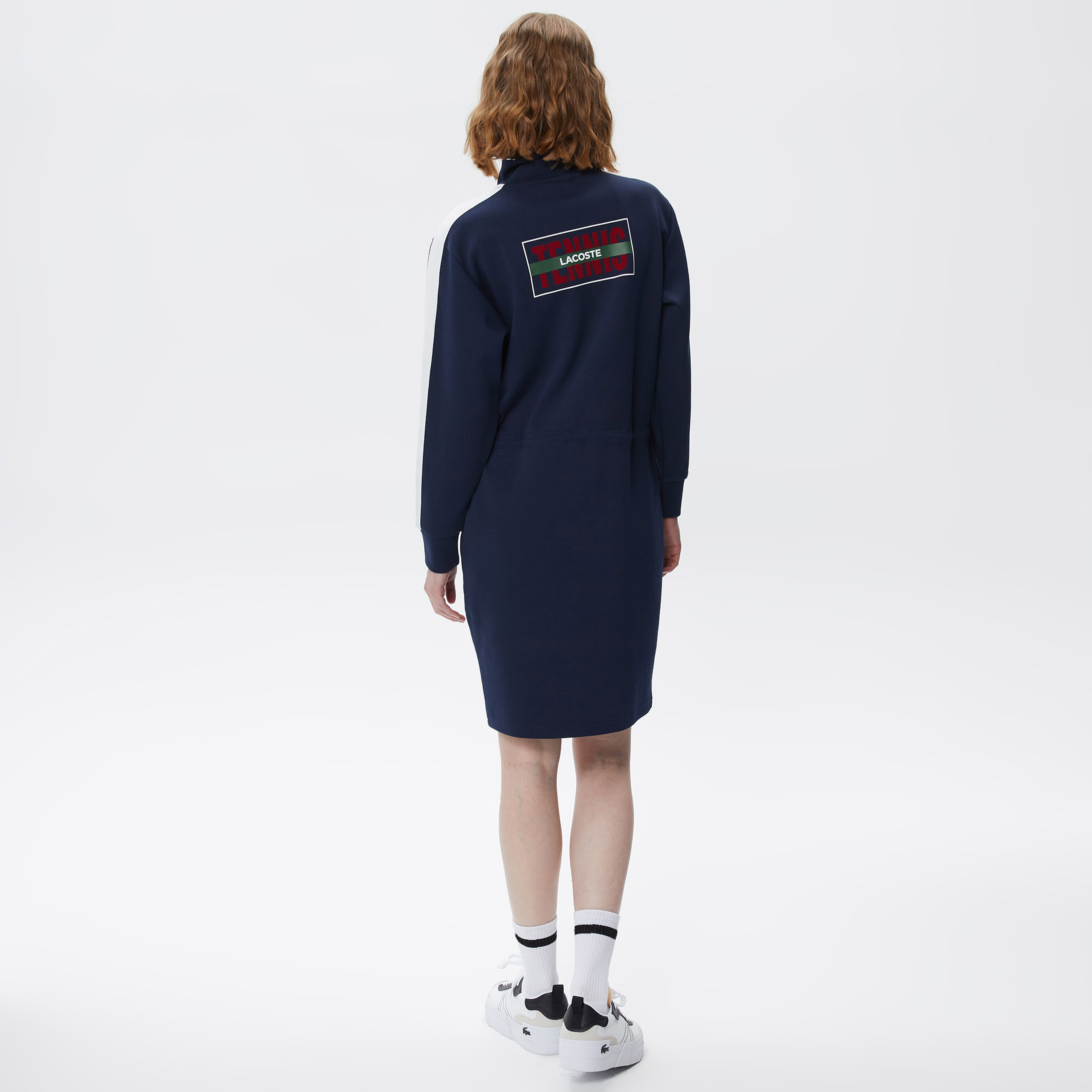 Kadın Loose Fit Uzun Kollu Dik Yaka Baskılı Lacivert Elbise