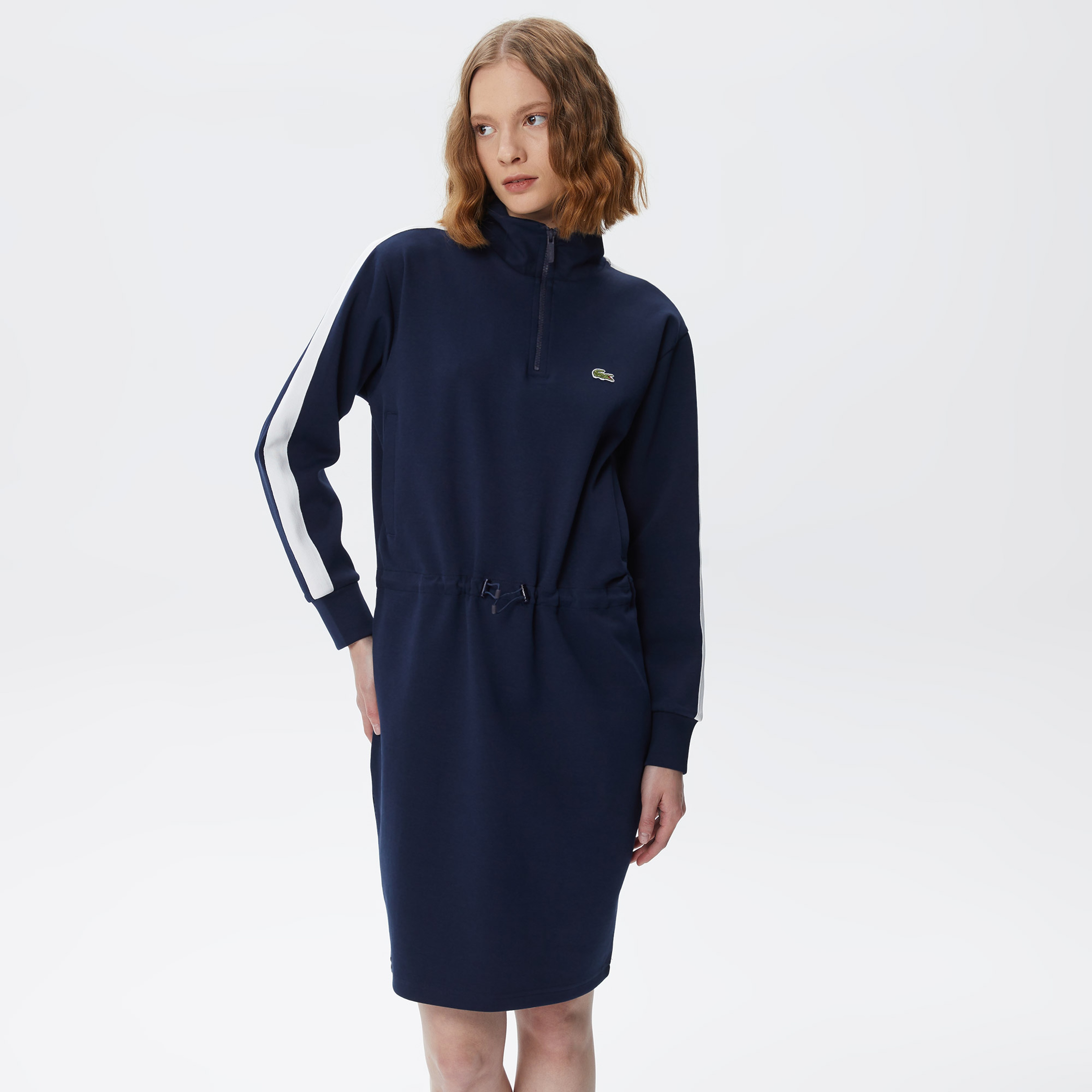 Kadın Loose Fit Uzun Kollu Dik Yaka Baskılı Lacivert Elbise