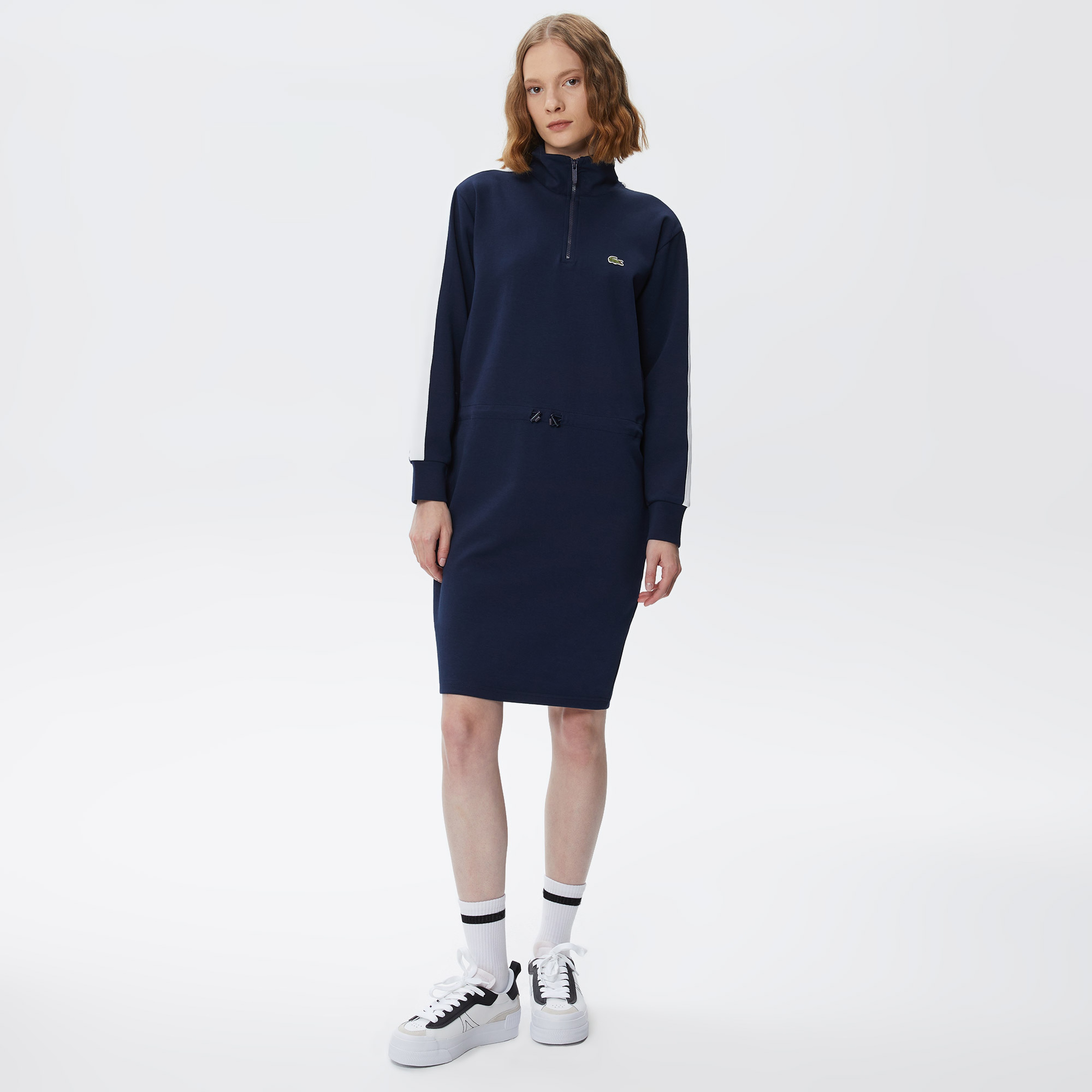 Kadın Loose Fit Uzun Kollu Dik Yaka Baskılı Lacivert Elbise