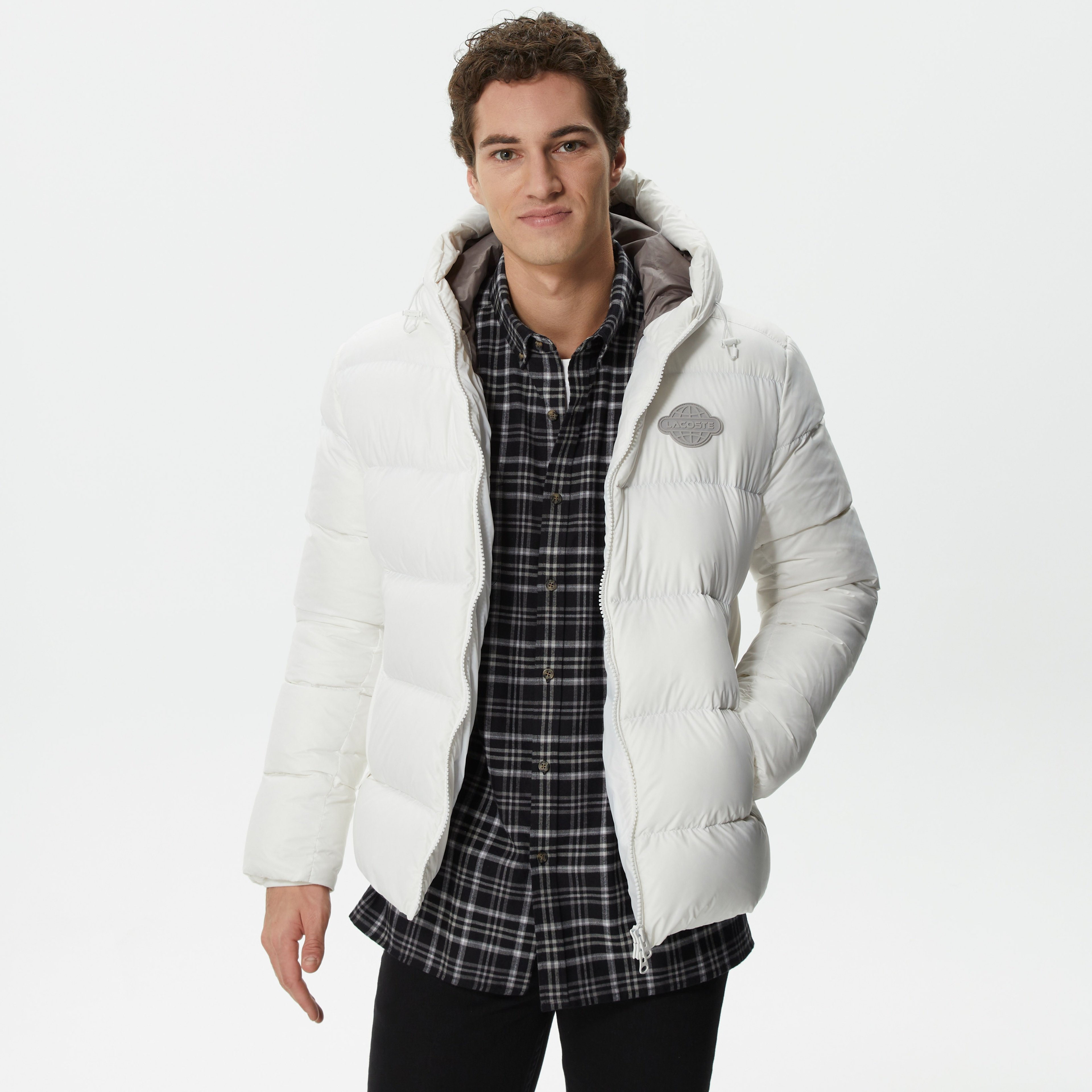 Erkek Kapüşonlu Kapitone Beyaz Mont