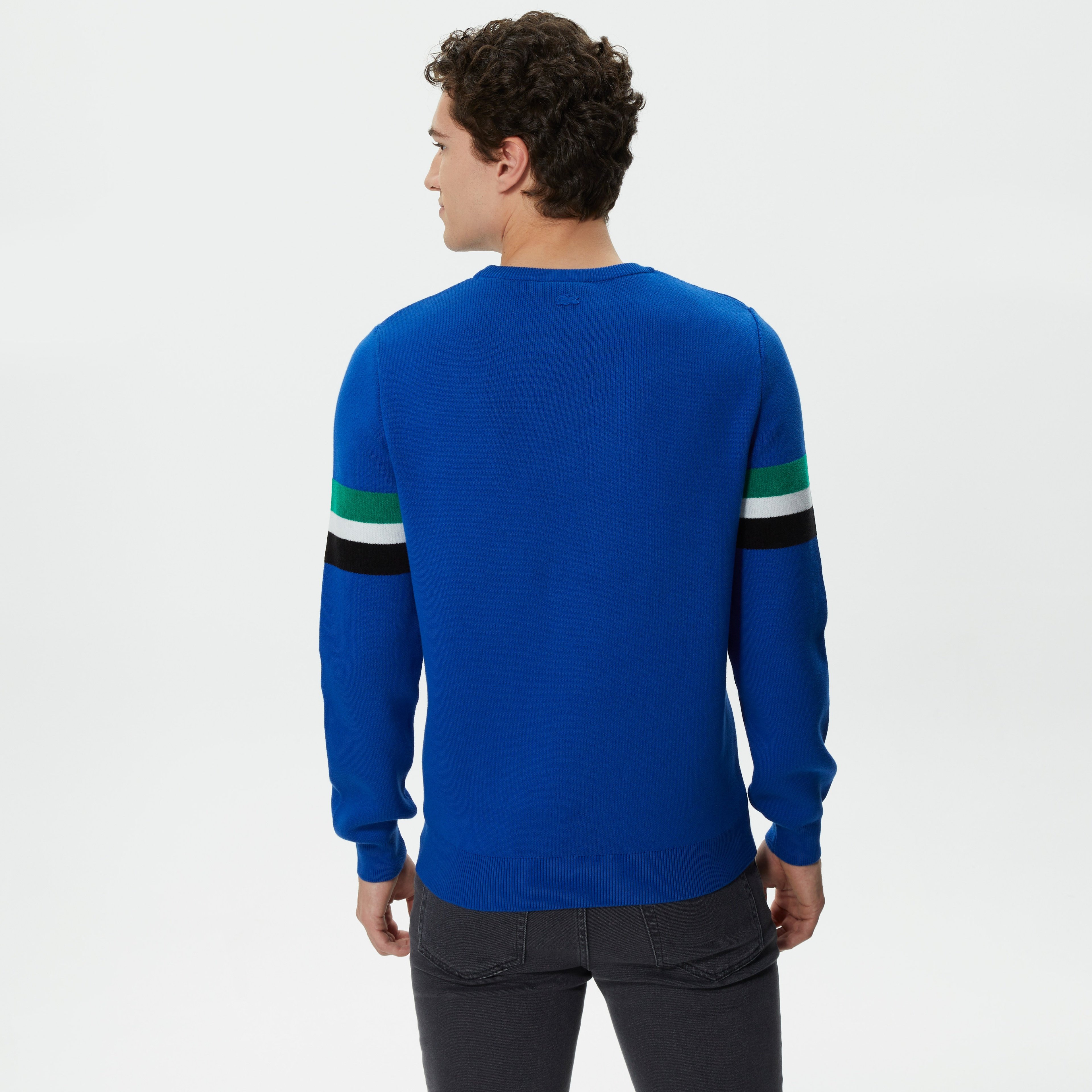 Erkek Regular Fit Uzun Kollu Bisiklet Yaka Renk Bloklu Mavi Triko