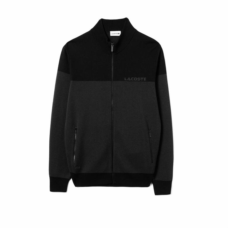 Erkek Regular Fit Uzun Kollu Dik Yaka Renk Bloklu Koyu Gri Triko