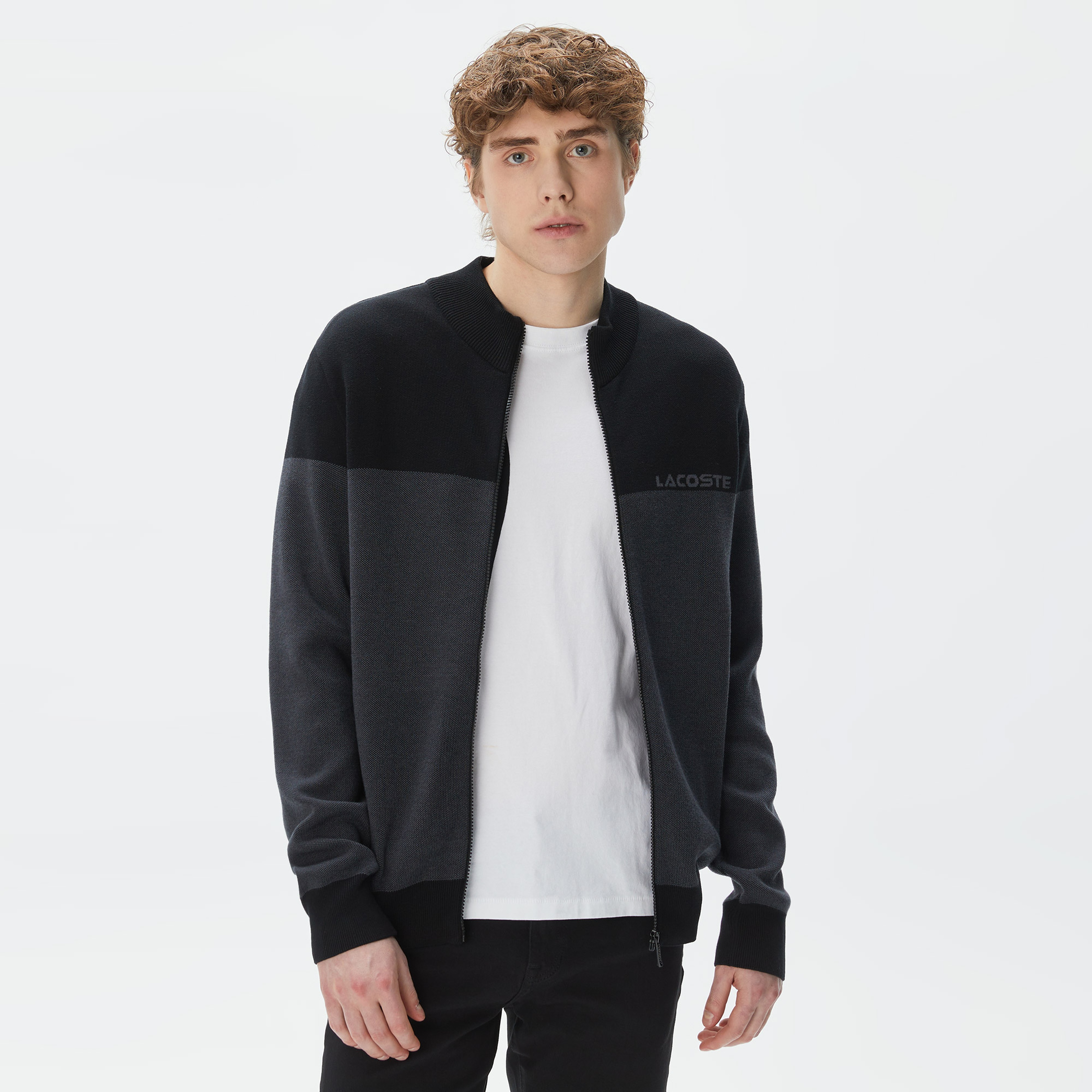 Erkek Regular Fit Uzun Kollu Dik Yaka Renk Bloklu Koyu Gri Triko