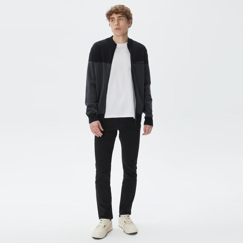 Erkek Regular Fit Uzun Kollu Dik Yaka Renk Bloklu Koyu Gri Triko