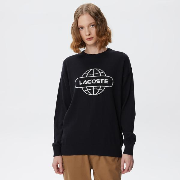 Kadın Regular Fit Bisiklet Yaka Baskılı Siyah Kazak