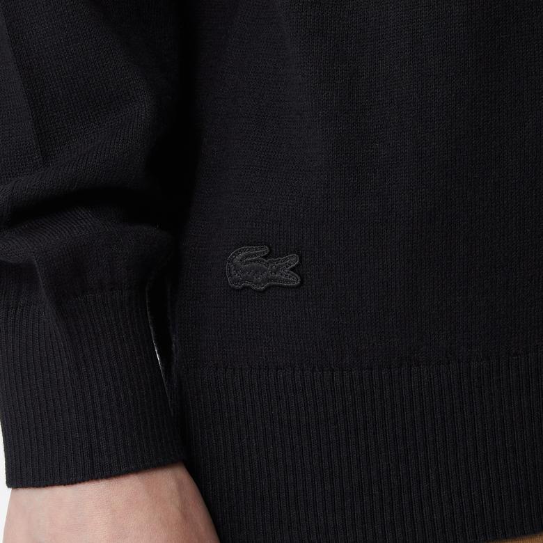 Kadın Regular Fit Bisiklet Yaka Baskılı Siyah Kazak