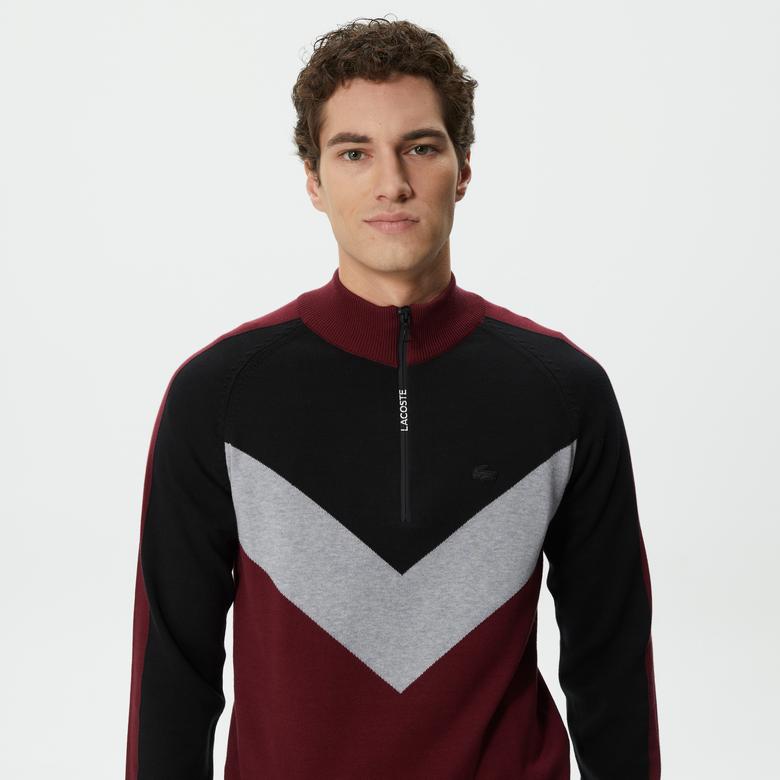 Erkek Regular Fit Uzun Kollu Dik Yaka Renk Bloklu Bordo Triko