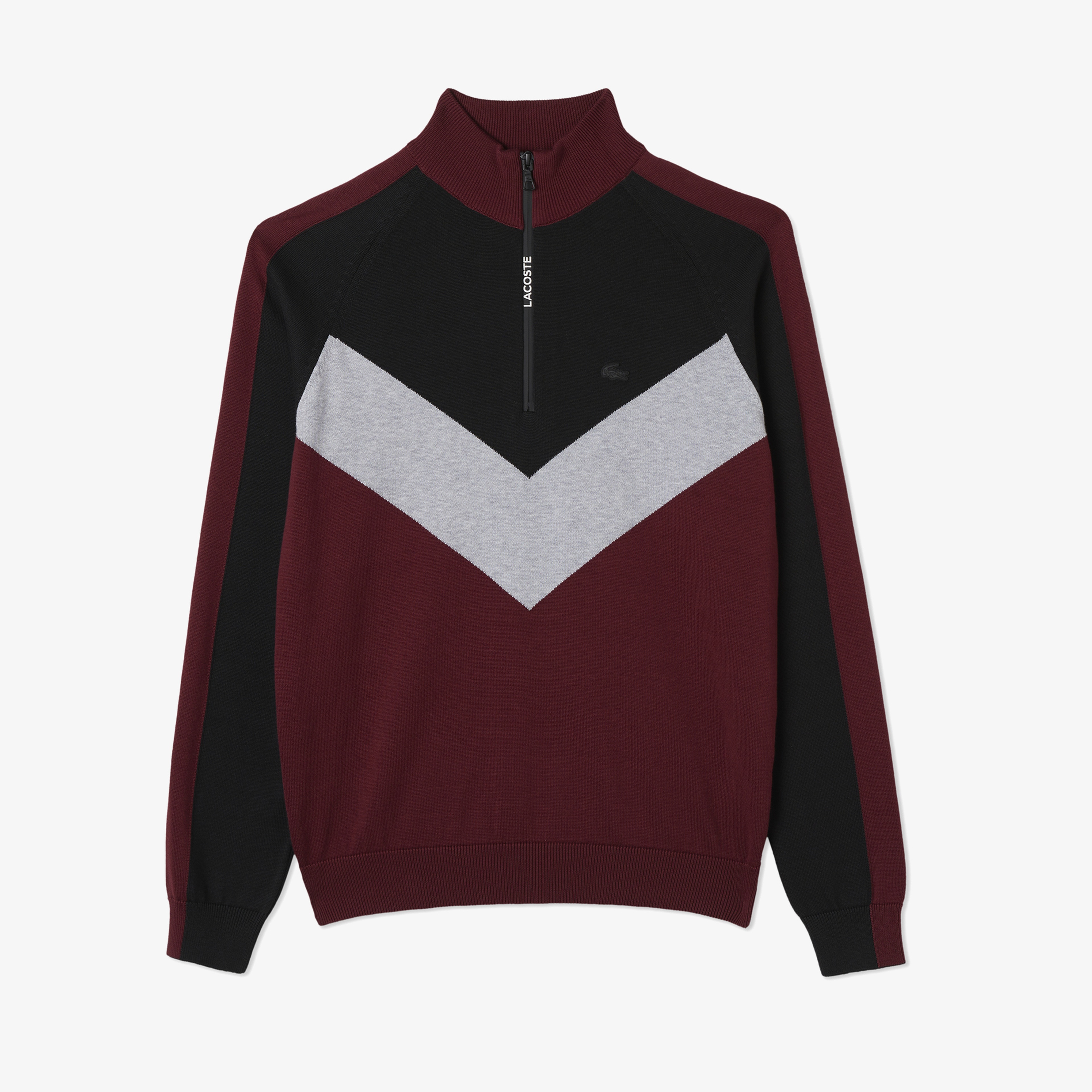 Erkek Regular Fit Uzun Kollu Dik Yaka Renk Bloklu Bordo Triko