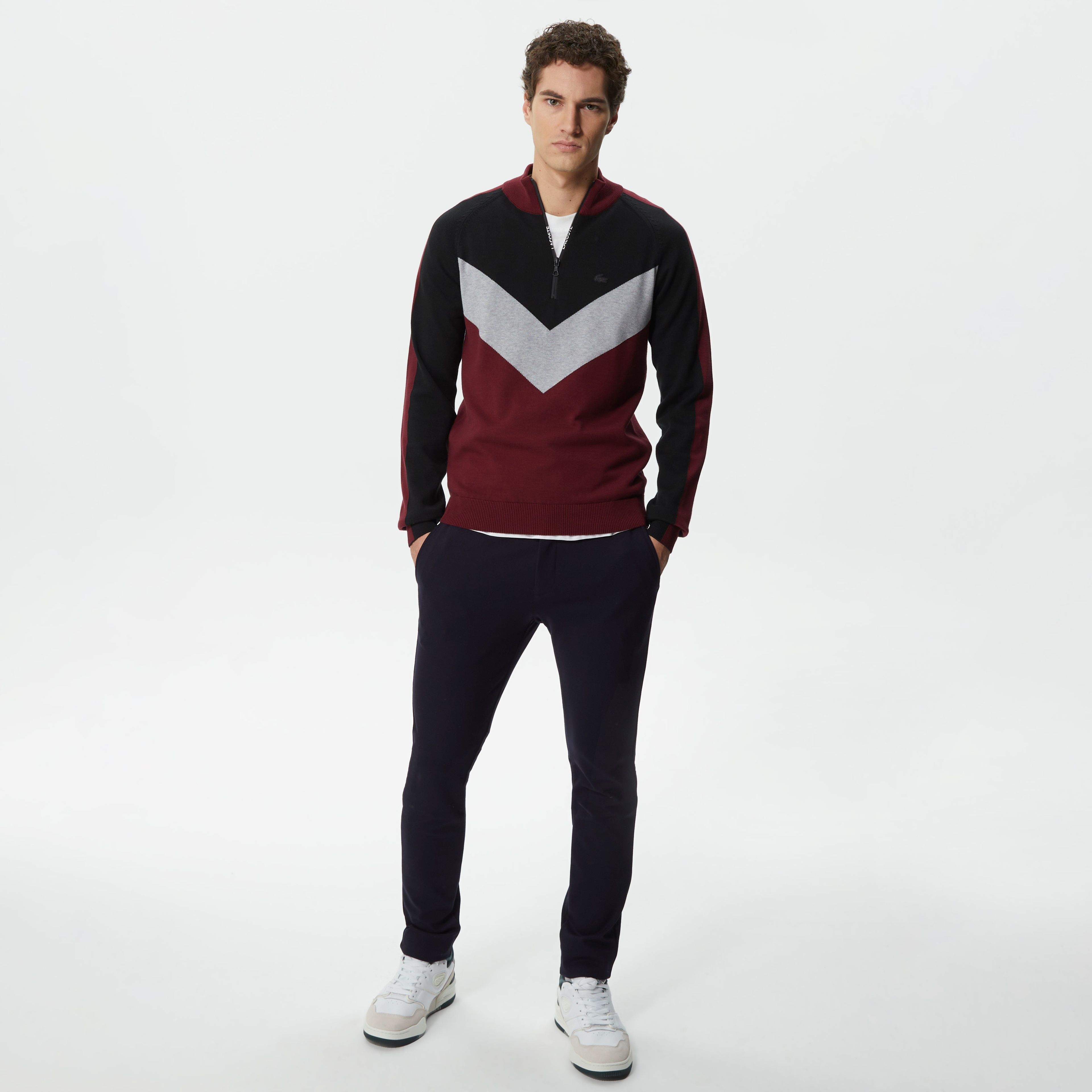 Erkek Regular Fit Uzun Kollu Dik Yaka Renk Bloklu Bordo Triko