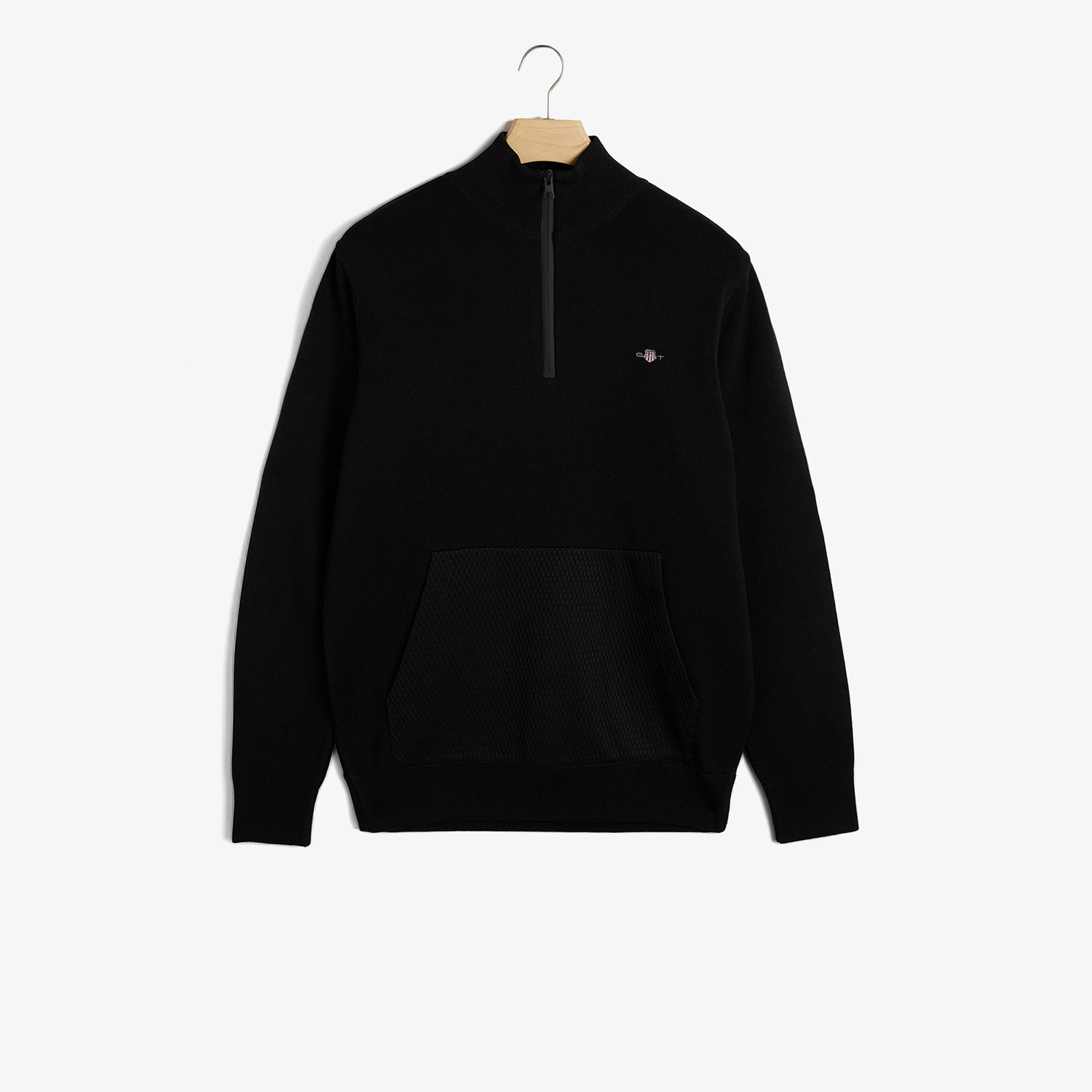 GANT Erkek Siyah Regular Fit Yarım Fermuarlı Logolu Kazak