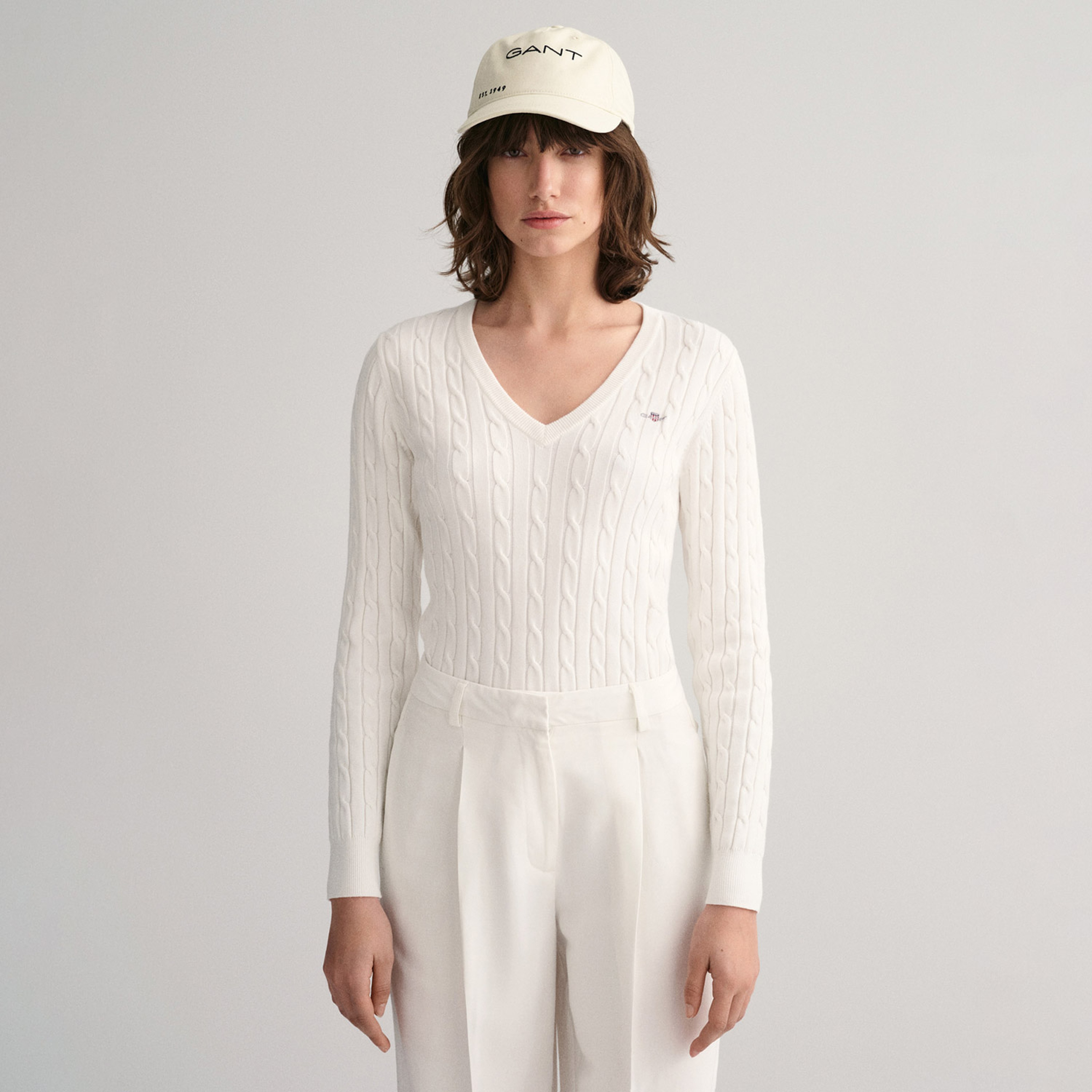 GANT Kadın Krem V Yaka Örgü Kazak