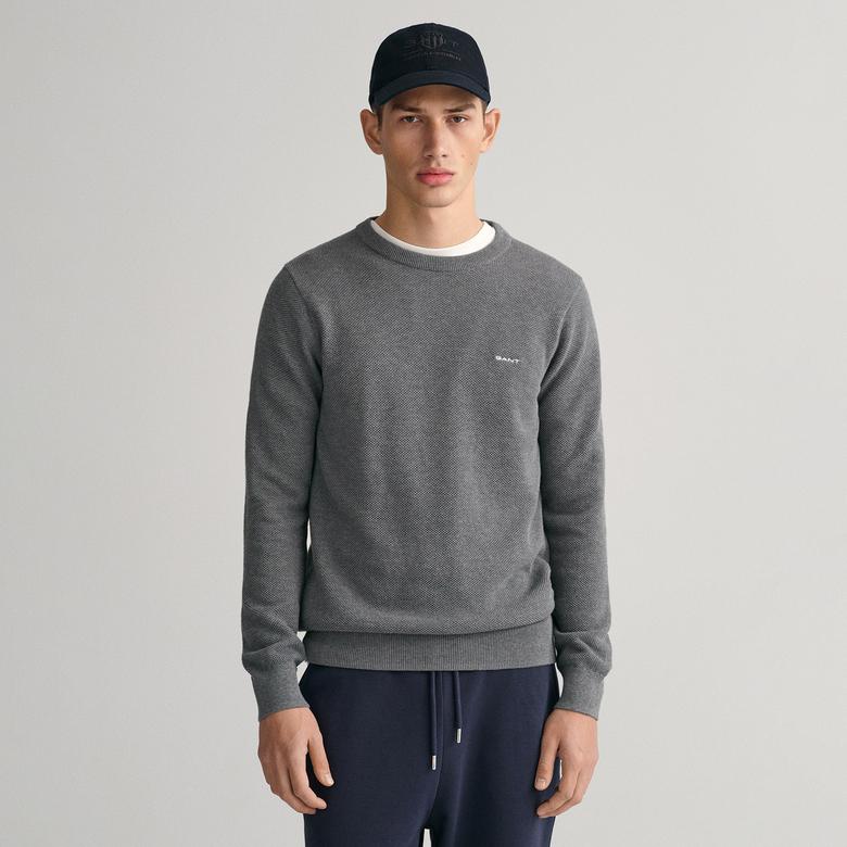 GANT Erkek Gri Regular Fit Bisiklet Yaka Kazak