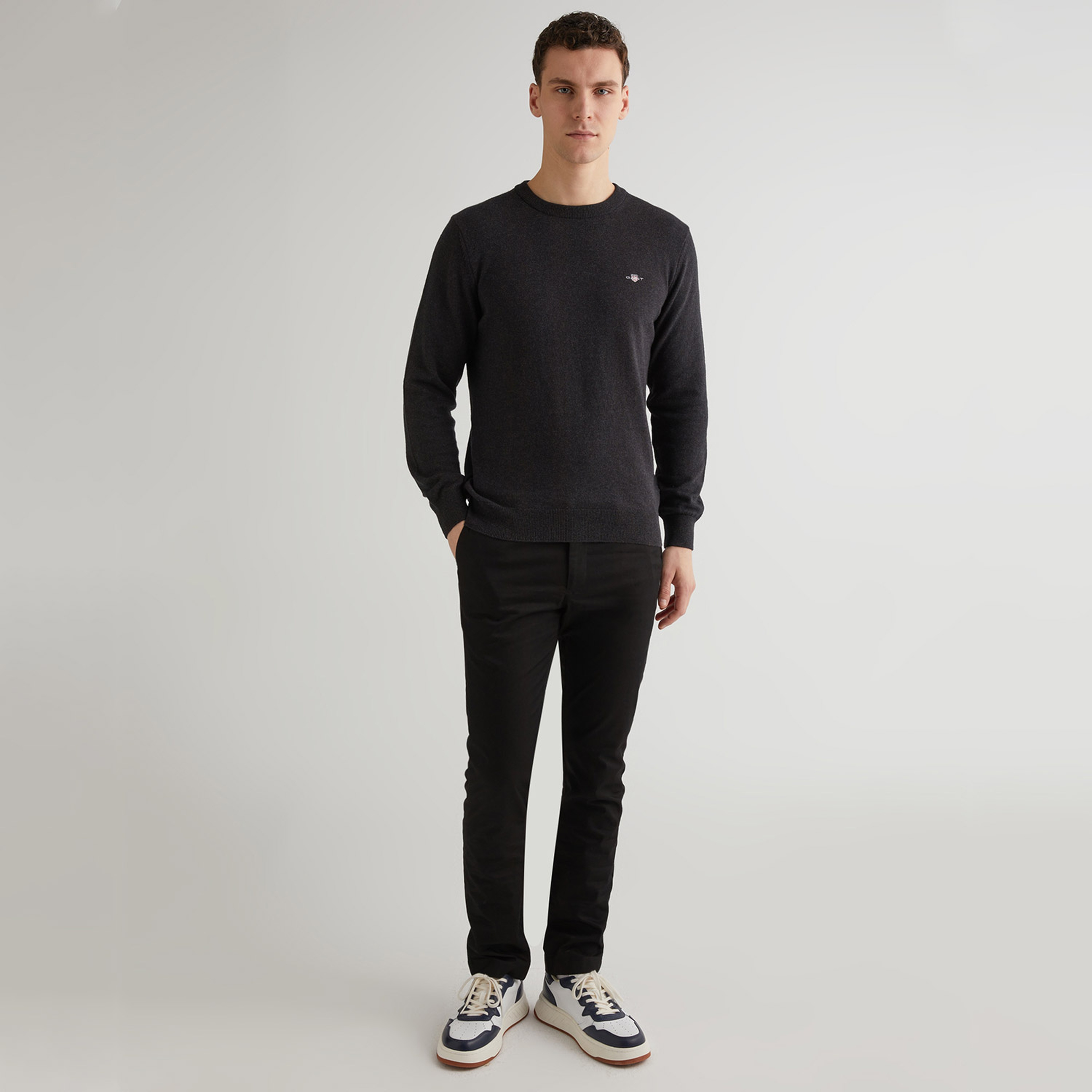GANT Erkek Gri Regular Fit Bisiklet Yaka Logolu Kazak