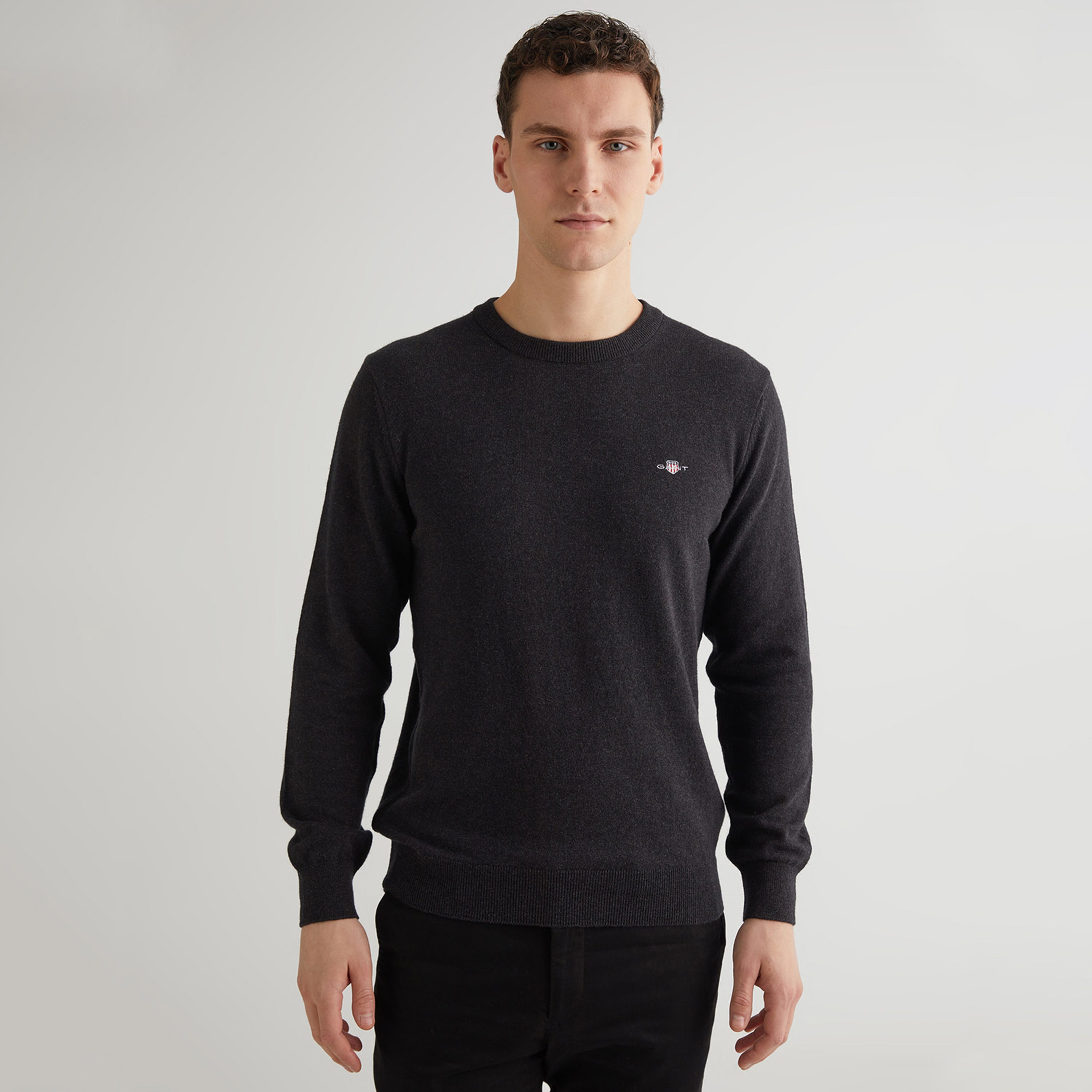 GANT Erkek Gri Regular Fit Bisiklet Yaka Logolu Kazak