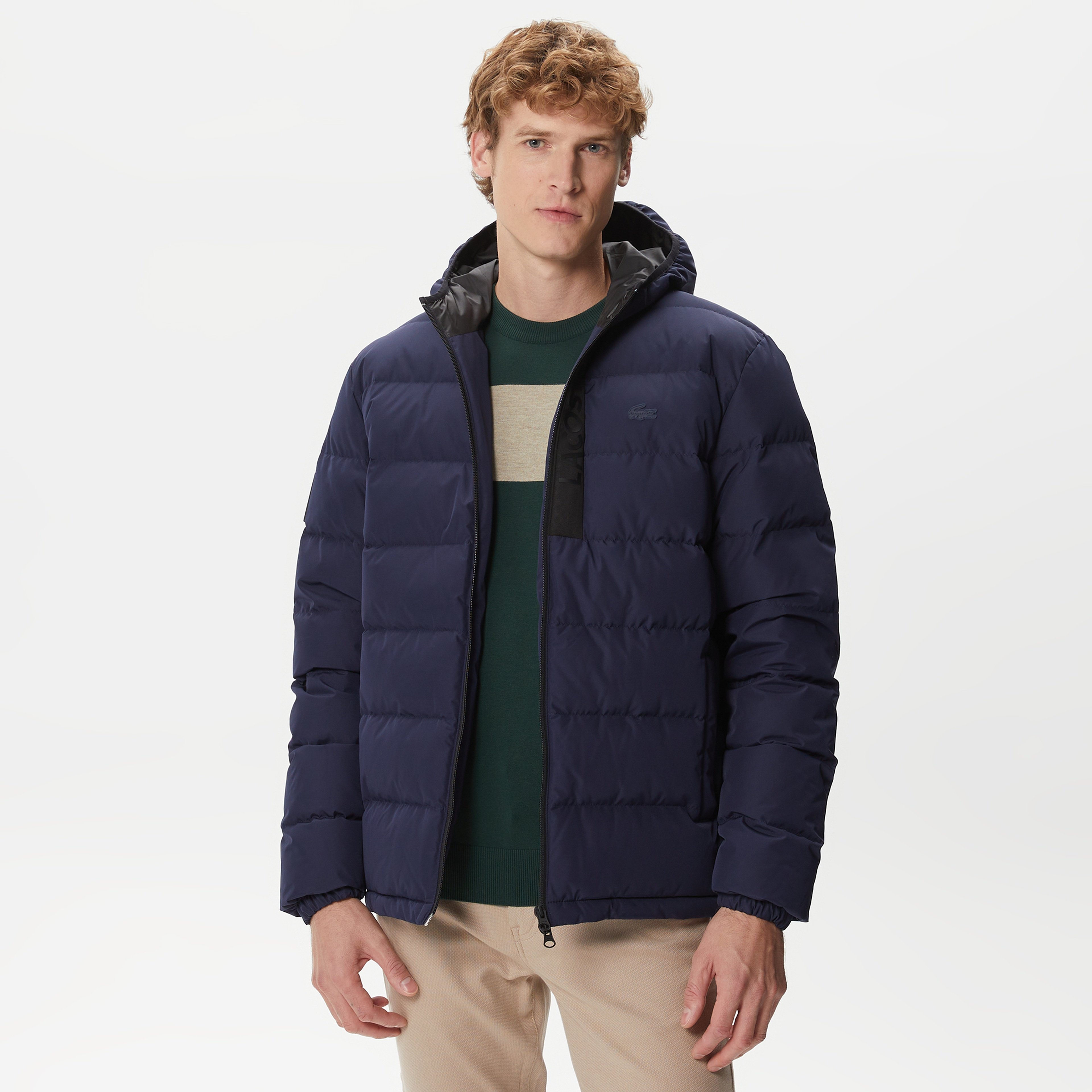 Lacoste Erkek Kapüşonlu Kapitone Baskılı Lacivert Mont