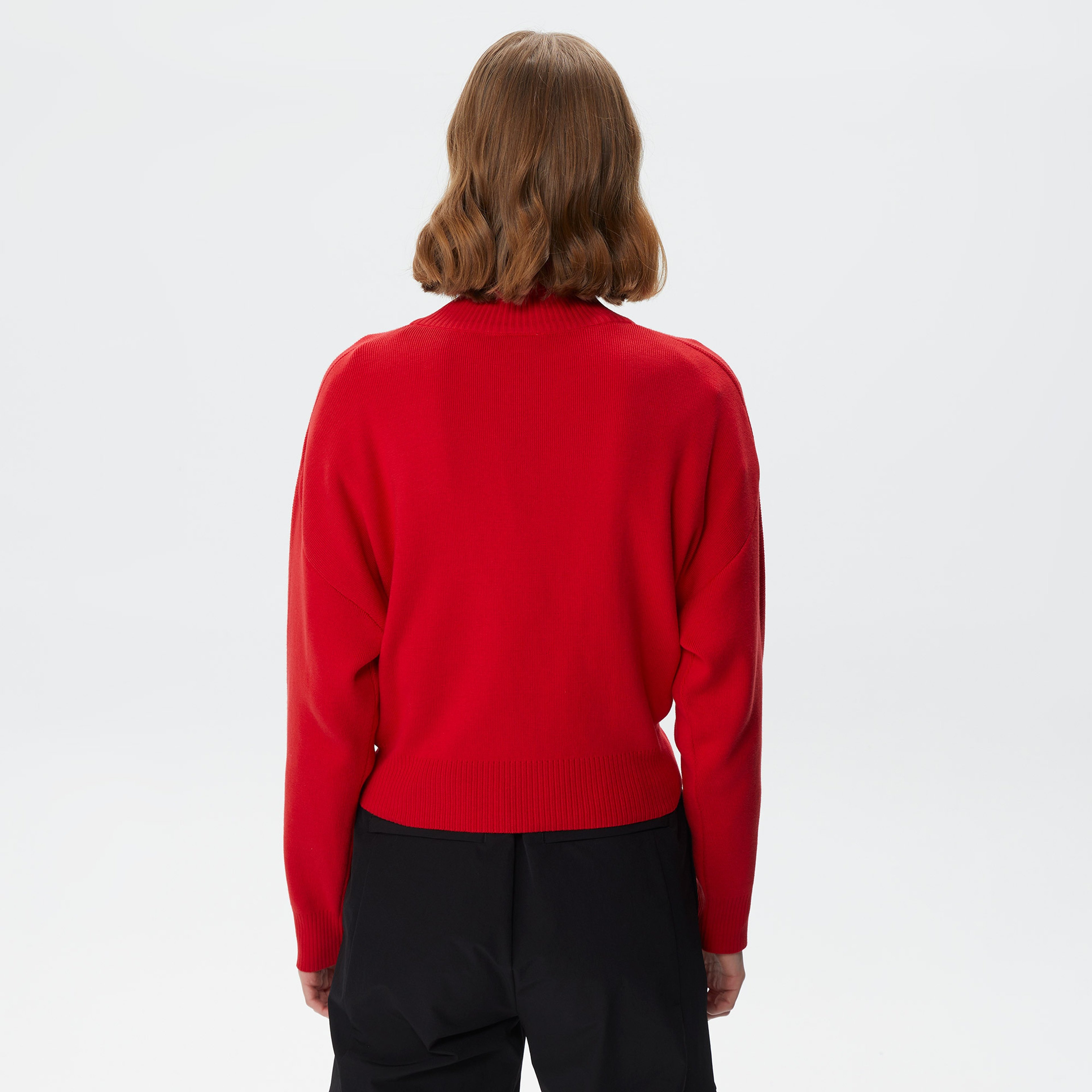 Kadın Relaxed Fit Yarım Fermuarlı Kırmızı Triko