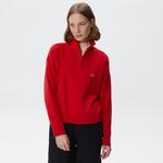 Kadın Relaxed Fit Yarım Fermuarlı Kırmızı Triko