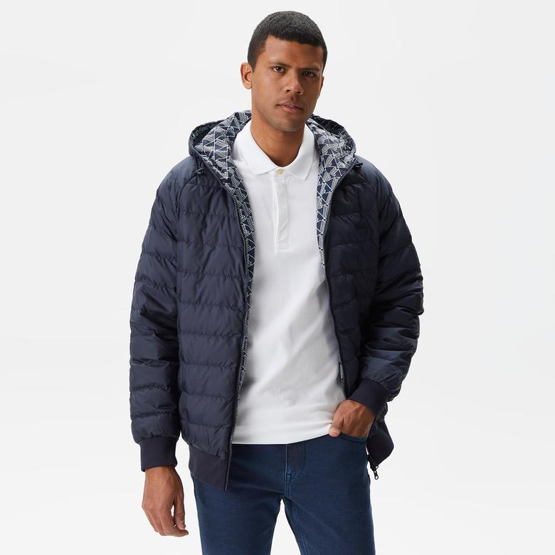 Erkek Kapüşonlu Monogram Çift Taraflı Lacivert Bomber Ceket
