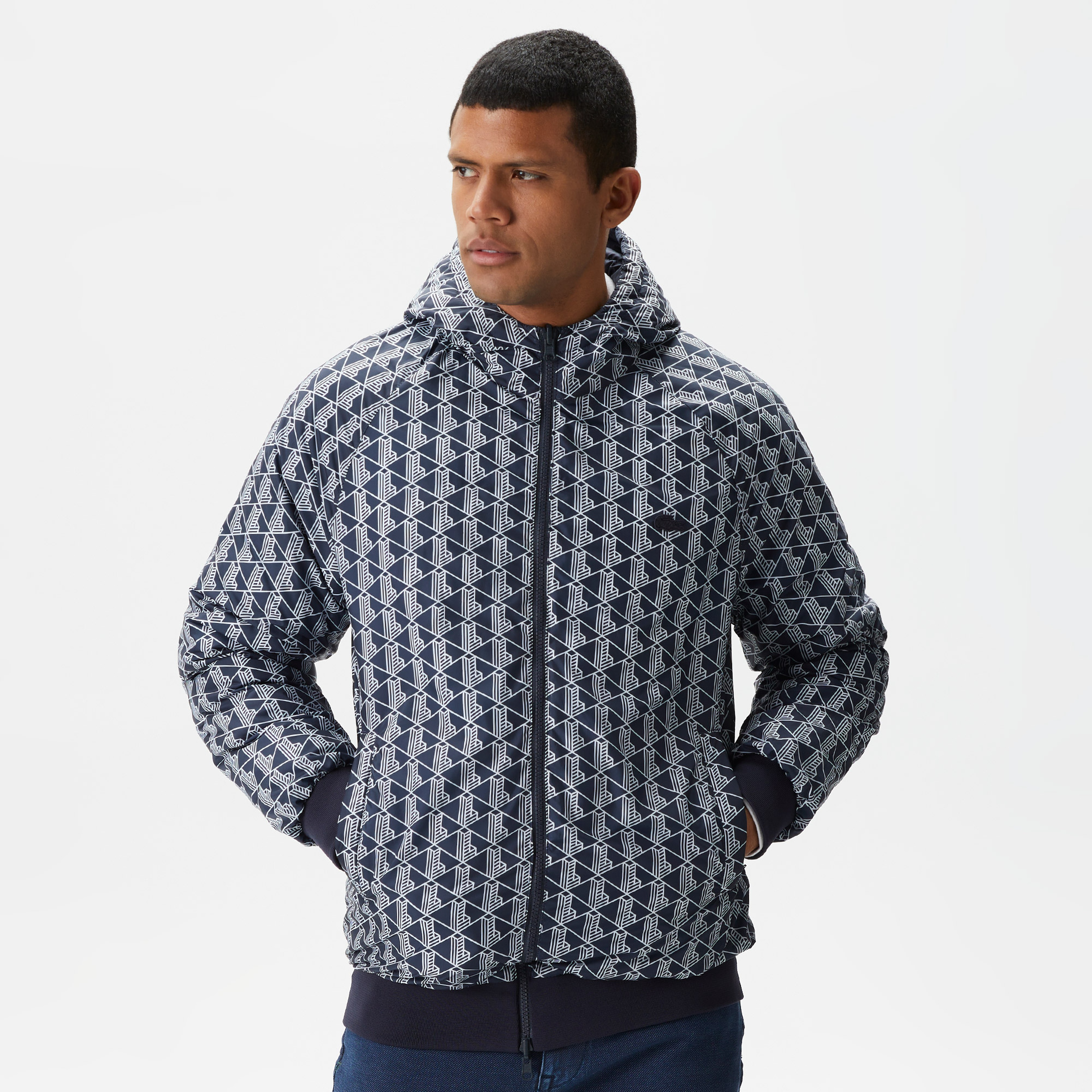 Erkek Kapüşonlu Monogram Çift Taraflı Lacivert Bomber Ceket